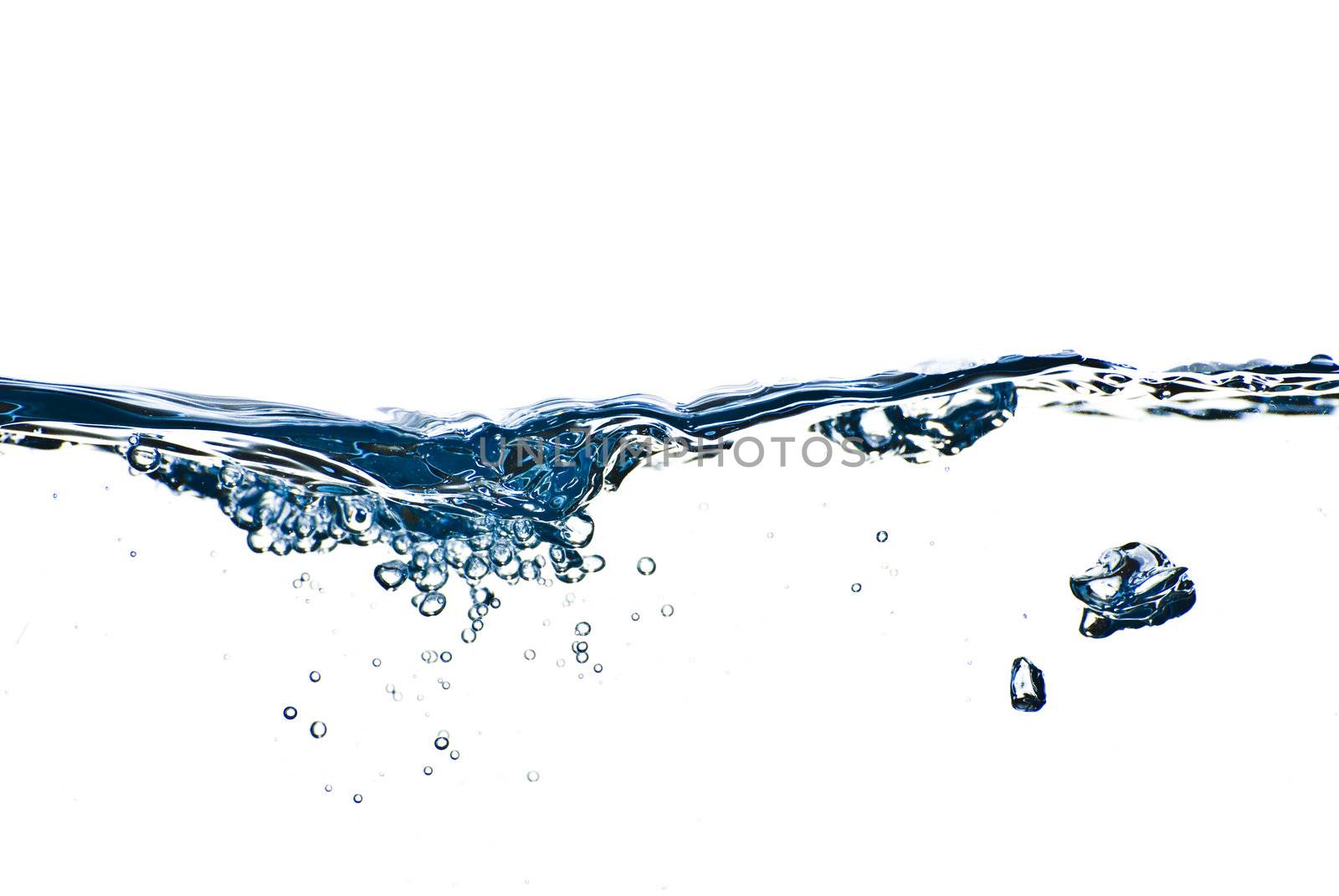 Isolated water splashing with bubbles and water drops - abstract background environmental theme