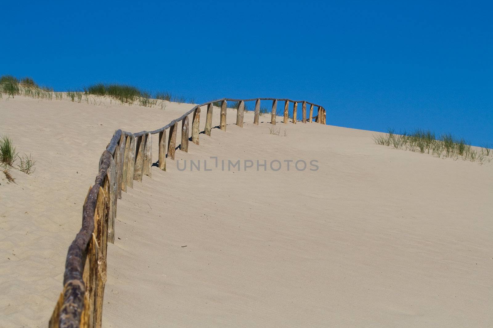 Wooden fence in sand dunes. Curonian Spit is on the UNESCO's World Heritage List in Lithuania