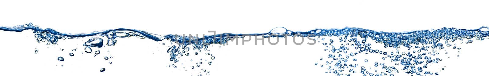 Isolated water splashing panorama with bubbles and water drops - abstract background environmental theme