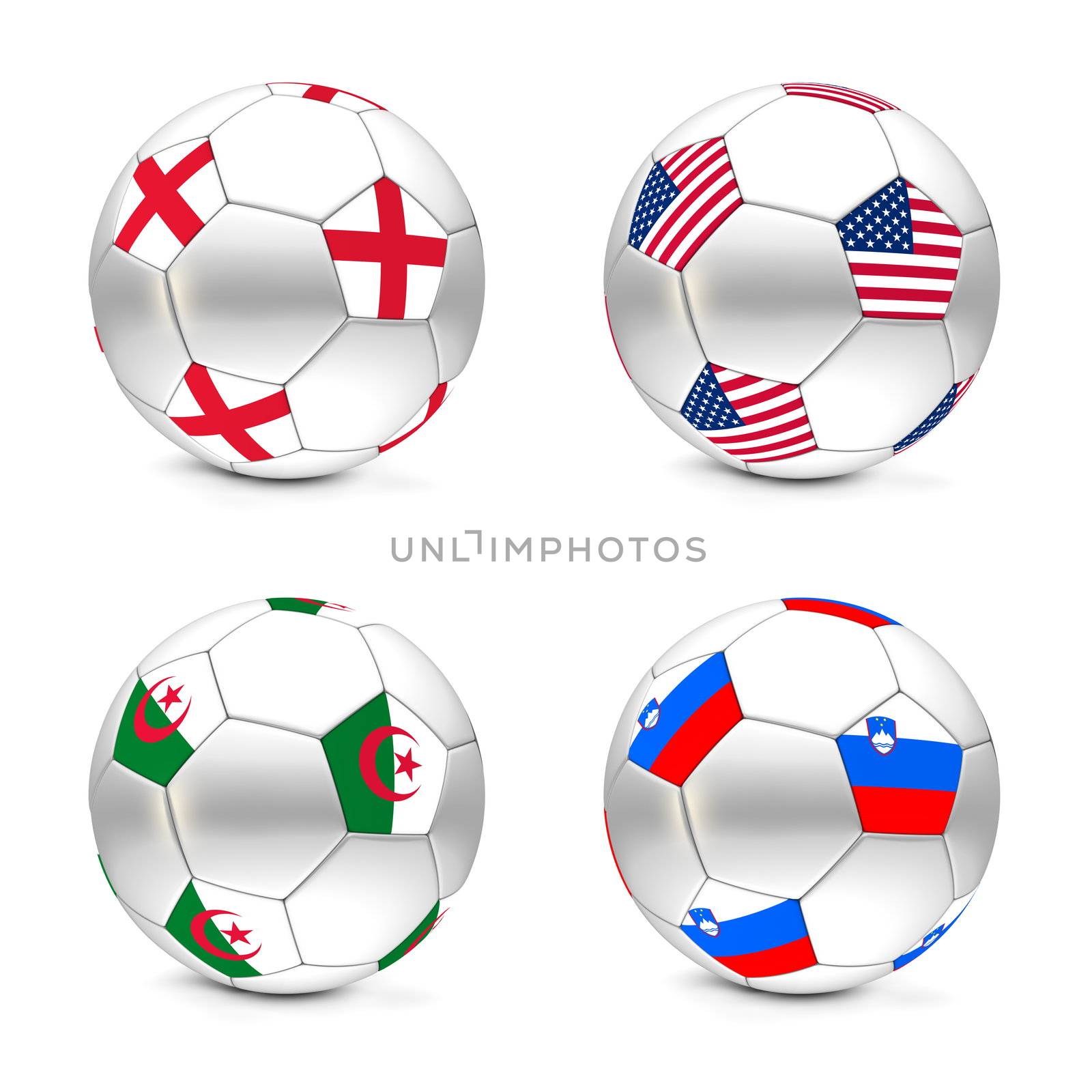 four footballs/soccer balls with the flags of England, USA, Algeria and Slovenia - world championship South Africa 2010 group C