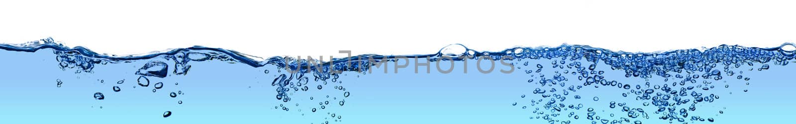 Isolated water splashing panorama with bubbles and water drops - abstract background environmental theme