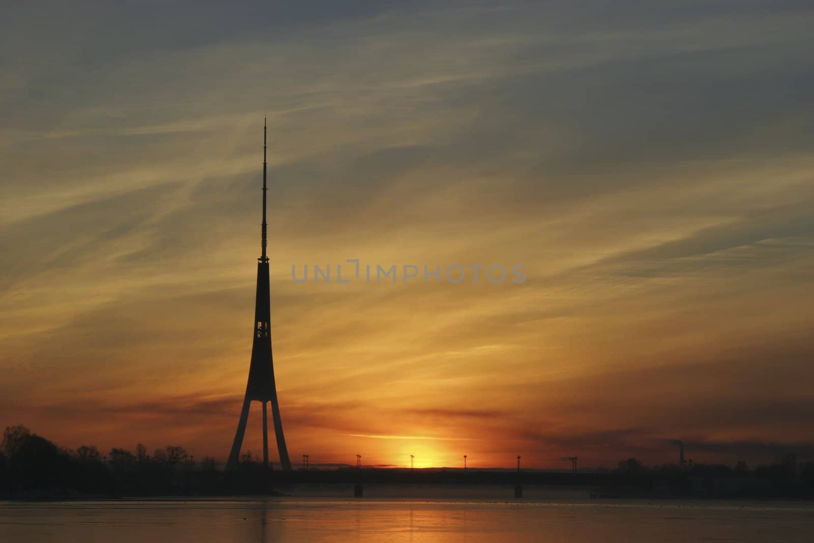 Riga TV Tower's Silhouette in morning, sunrise.