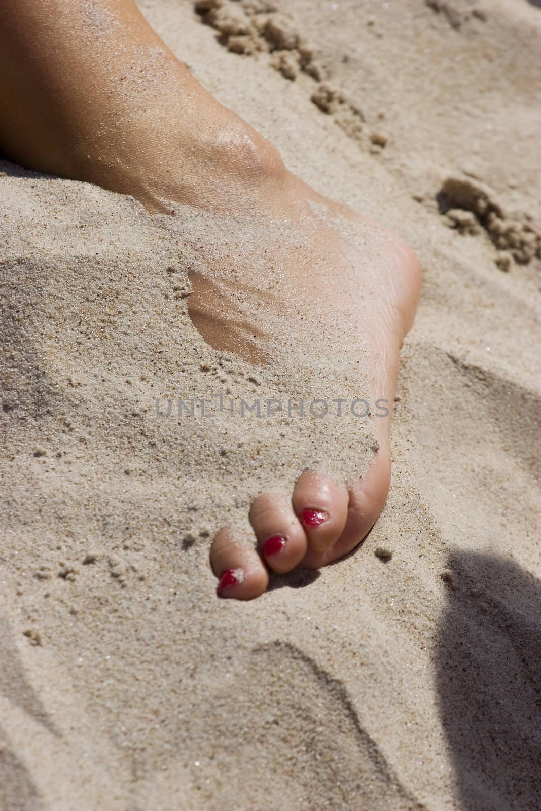 Leg of young woman in the sand on the beach.