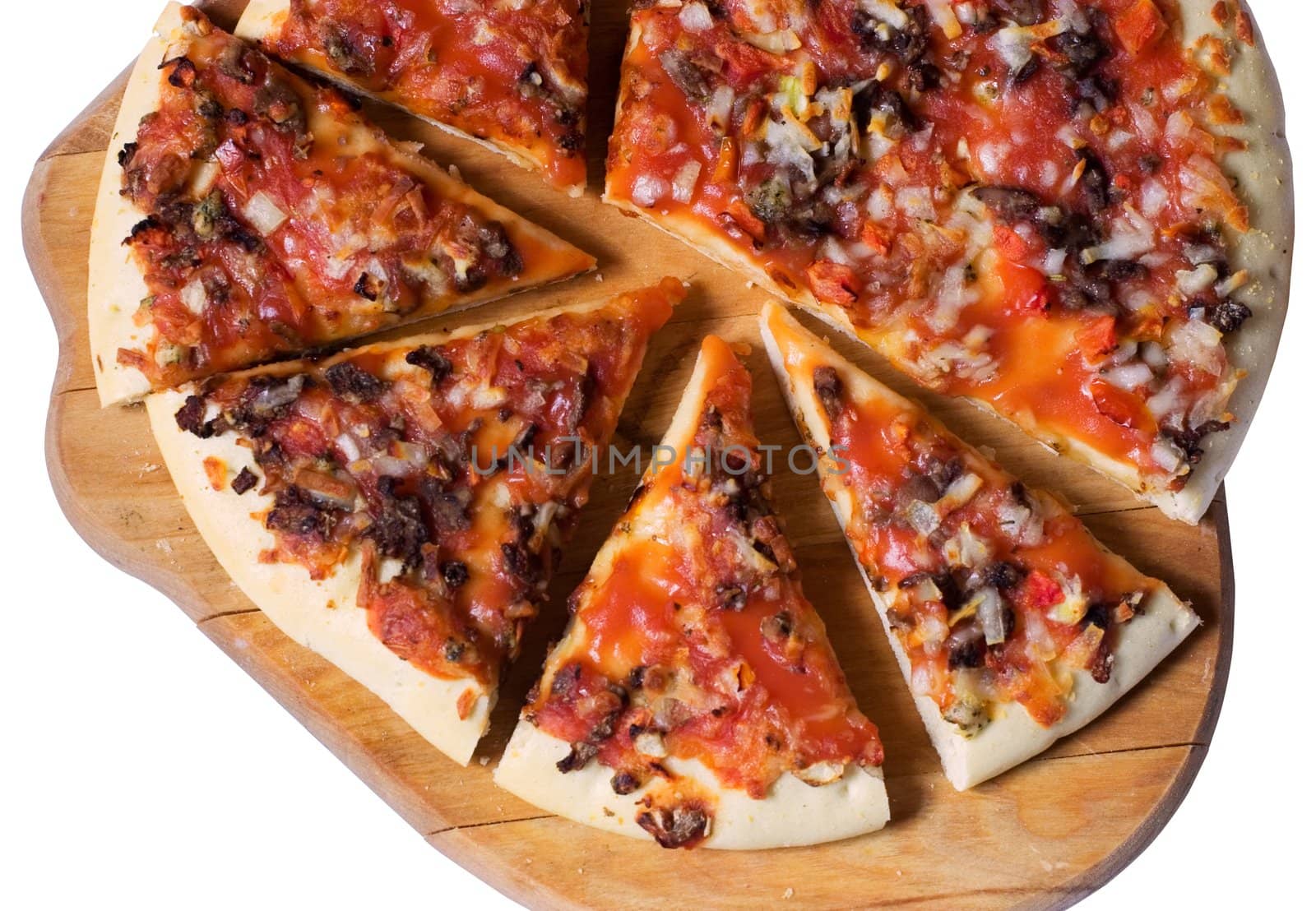 Pieces of cheese pizza on wooden plate. Clipping path included