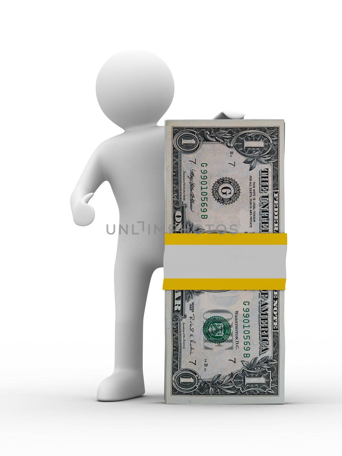 man holds money on white background. Isolated 3D image