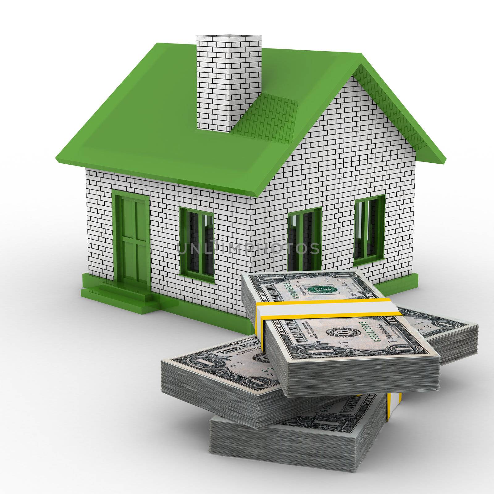 Small house and cash on white background. Isolated 3D image