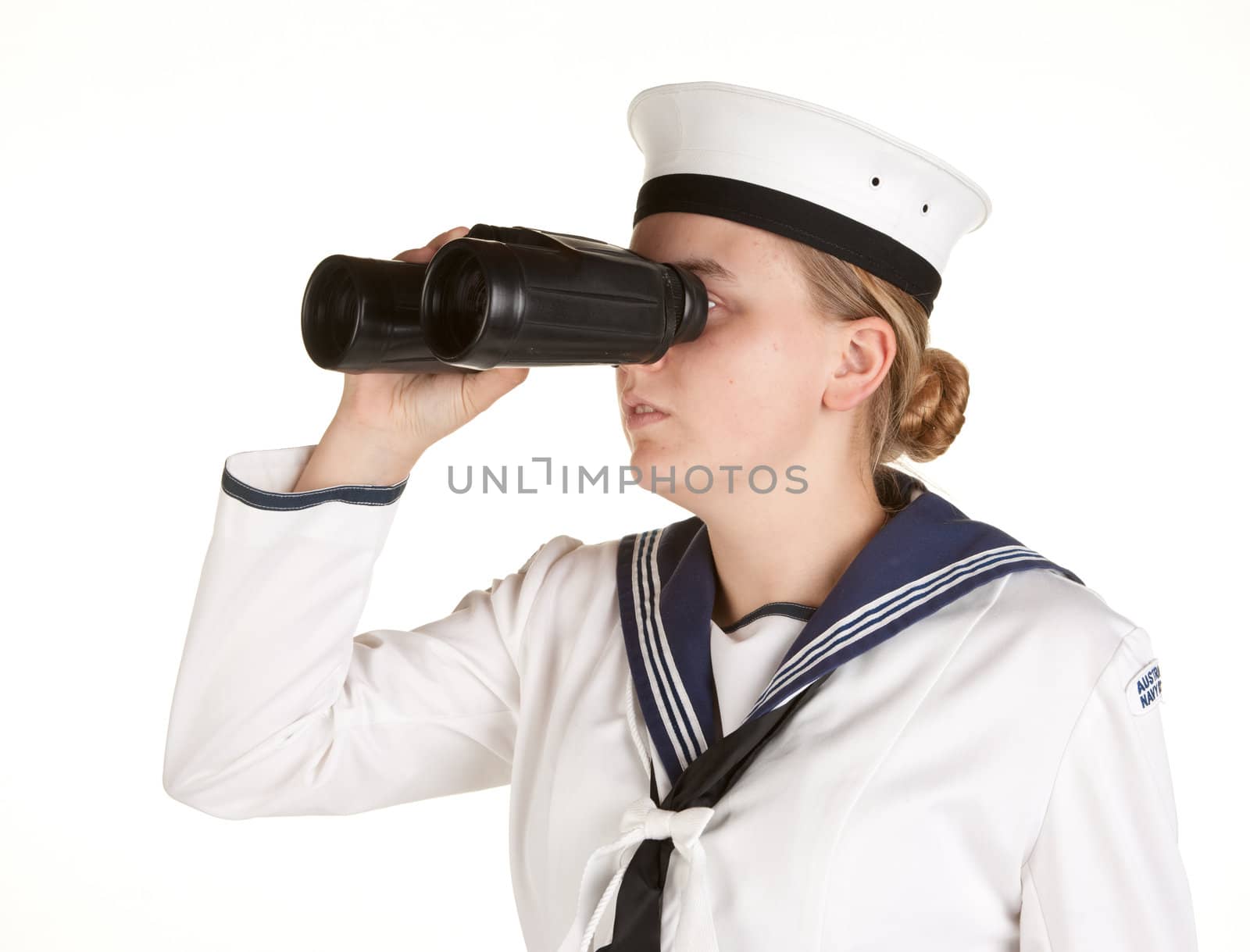 young sailor with binoculars isolated white background by clearviewstock