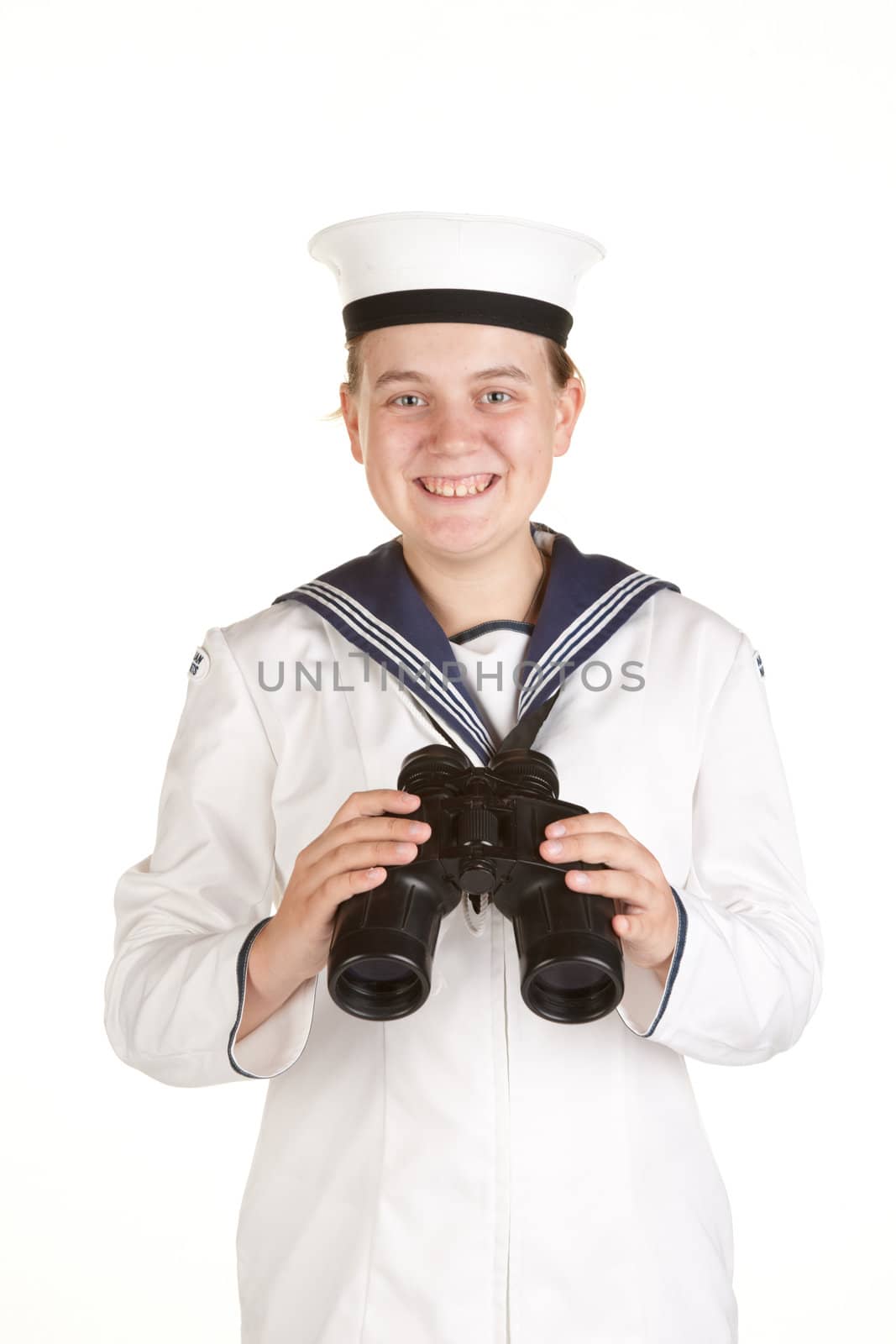 young sailor with binoculars isolated white background by clearviewstock