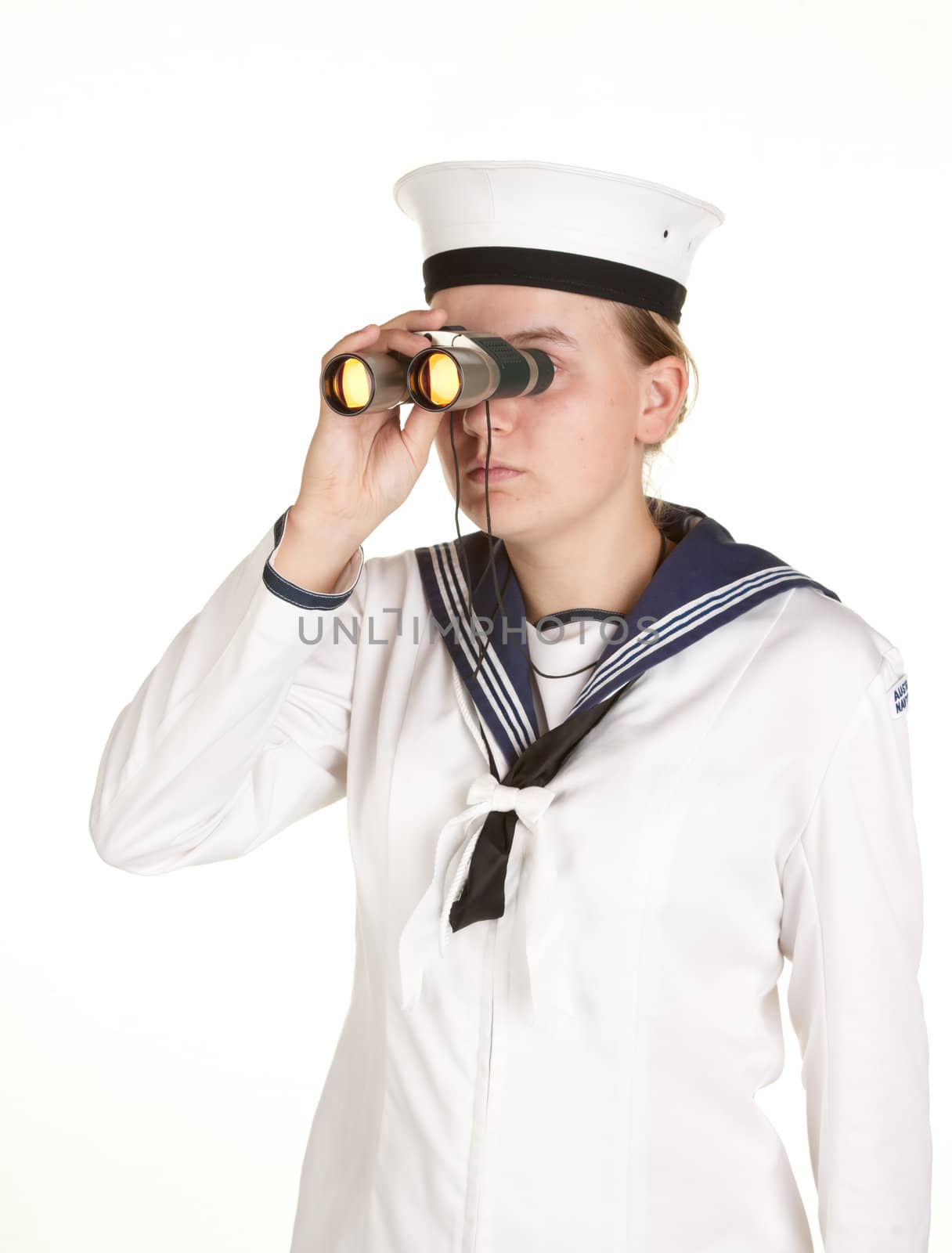 young female sailor with binoculars isolated on white
