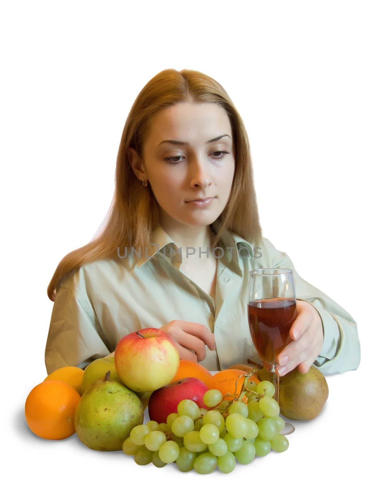 young Girl with fruits on white. Isolated