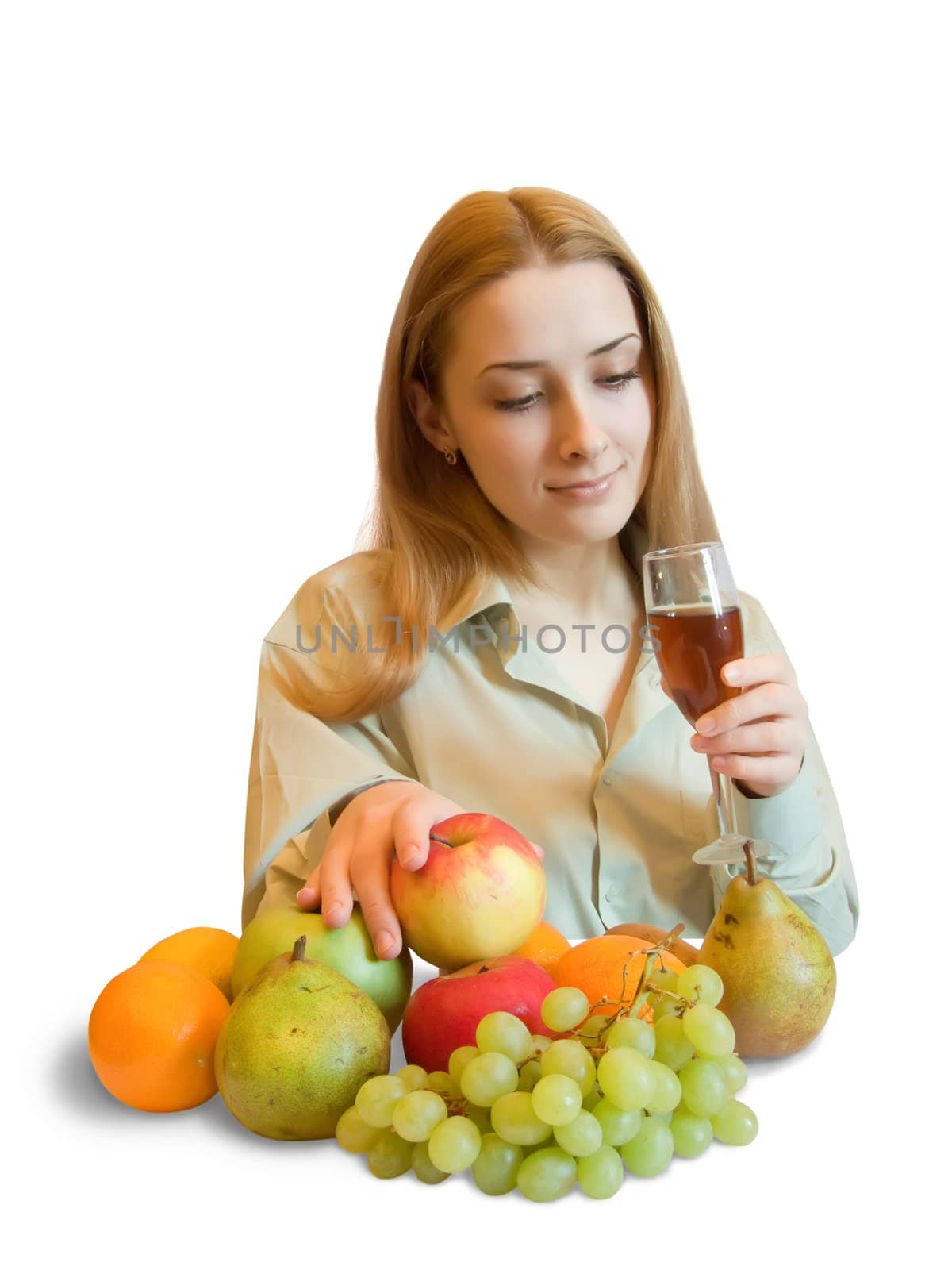 young Girl with fruits on white. Isolated