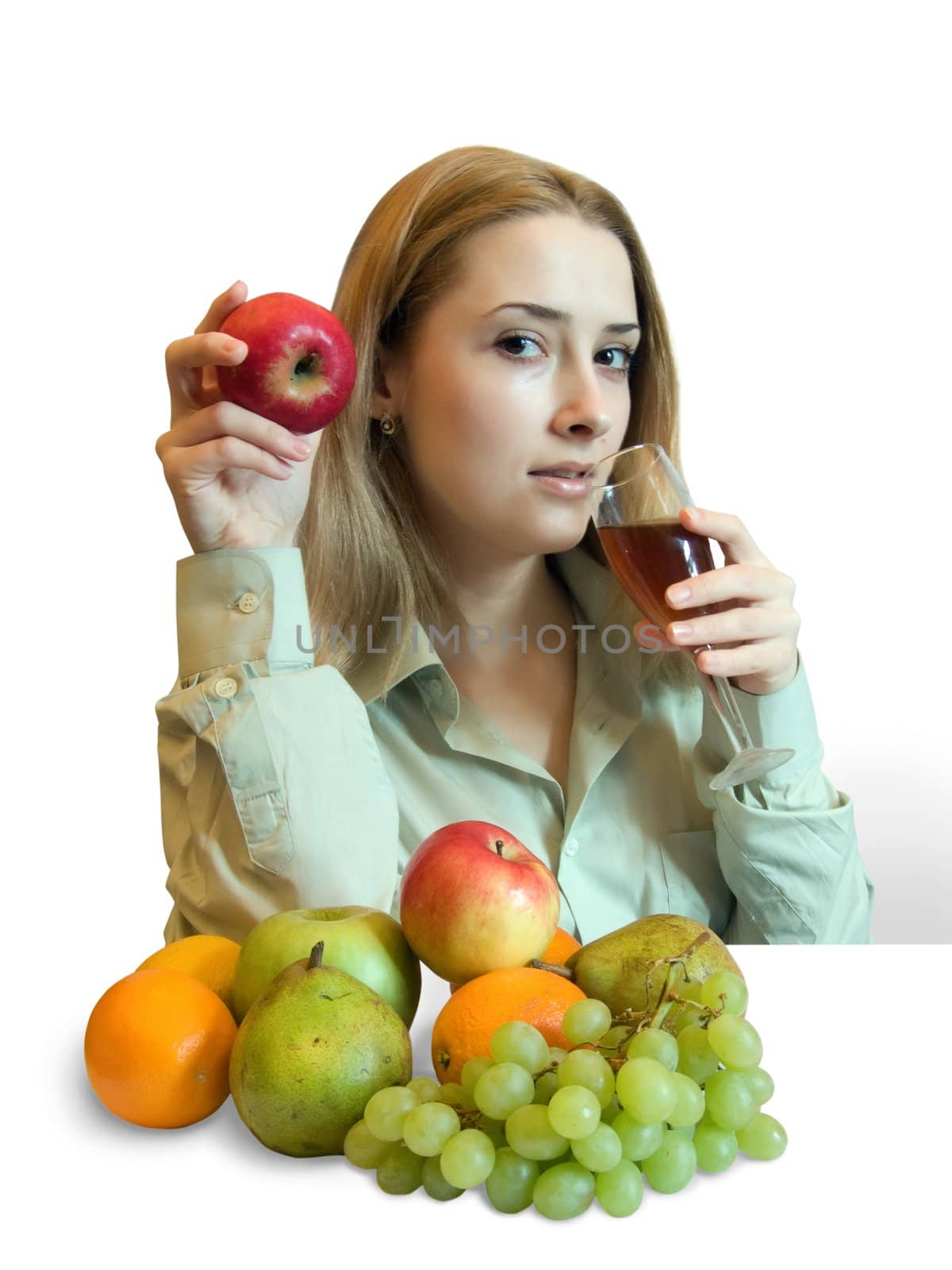 young Girl with fruits on white. Isolated