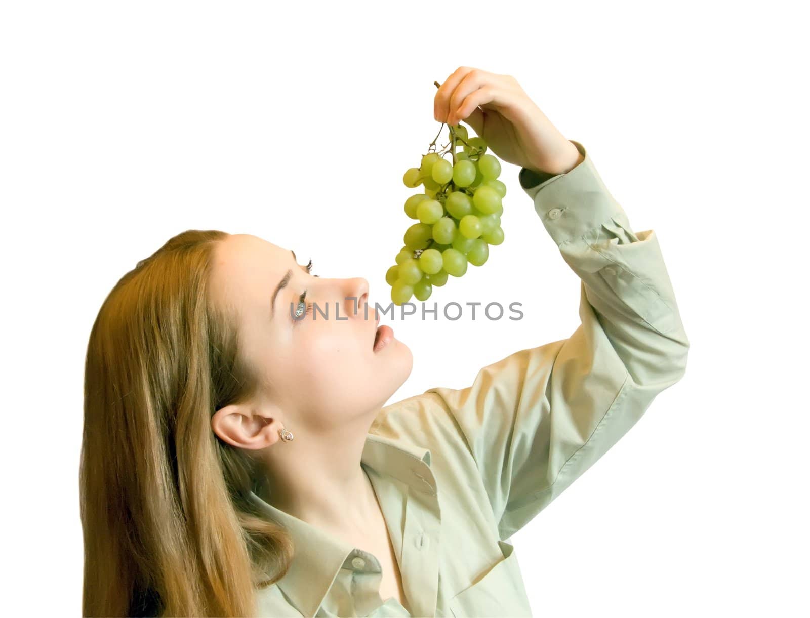 young Girl with fruits on white. Isolated