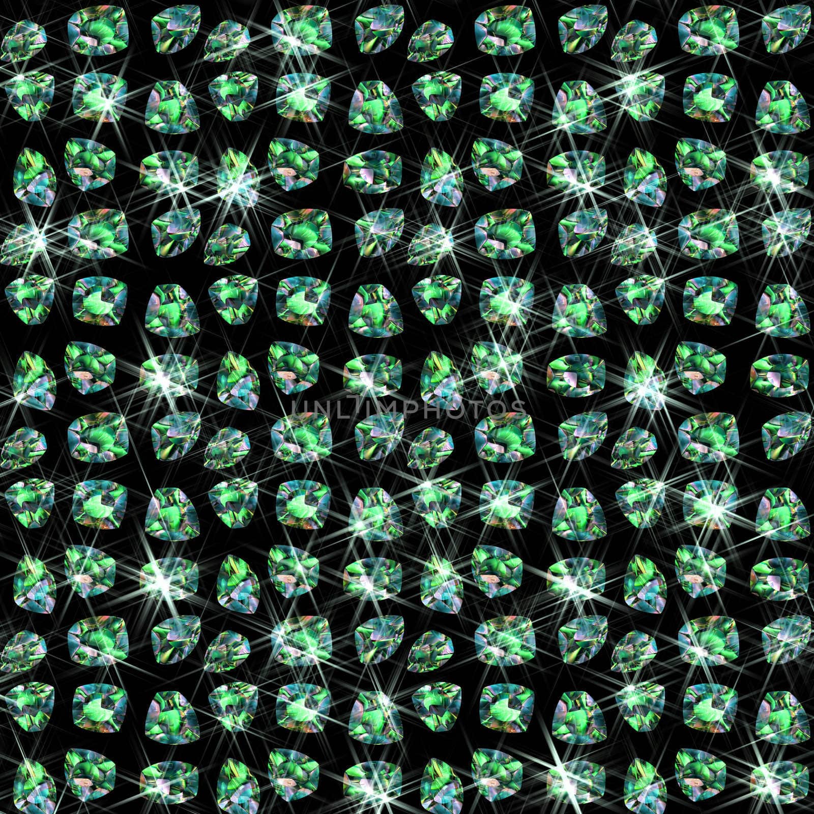 lots of shiny green emerald gemstones on a black background