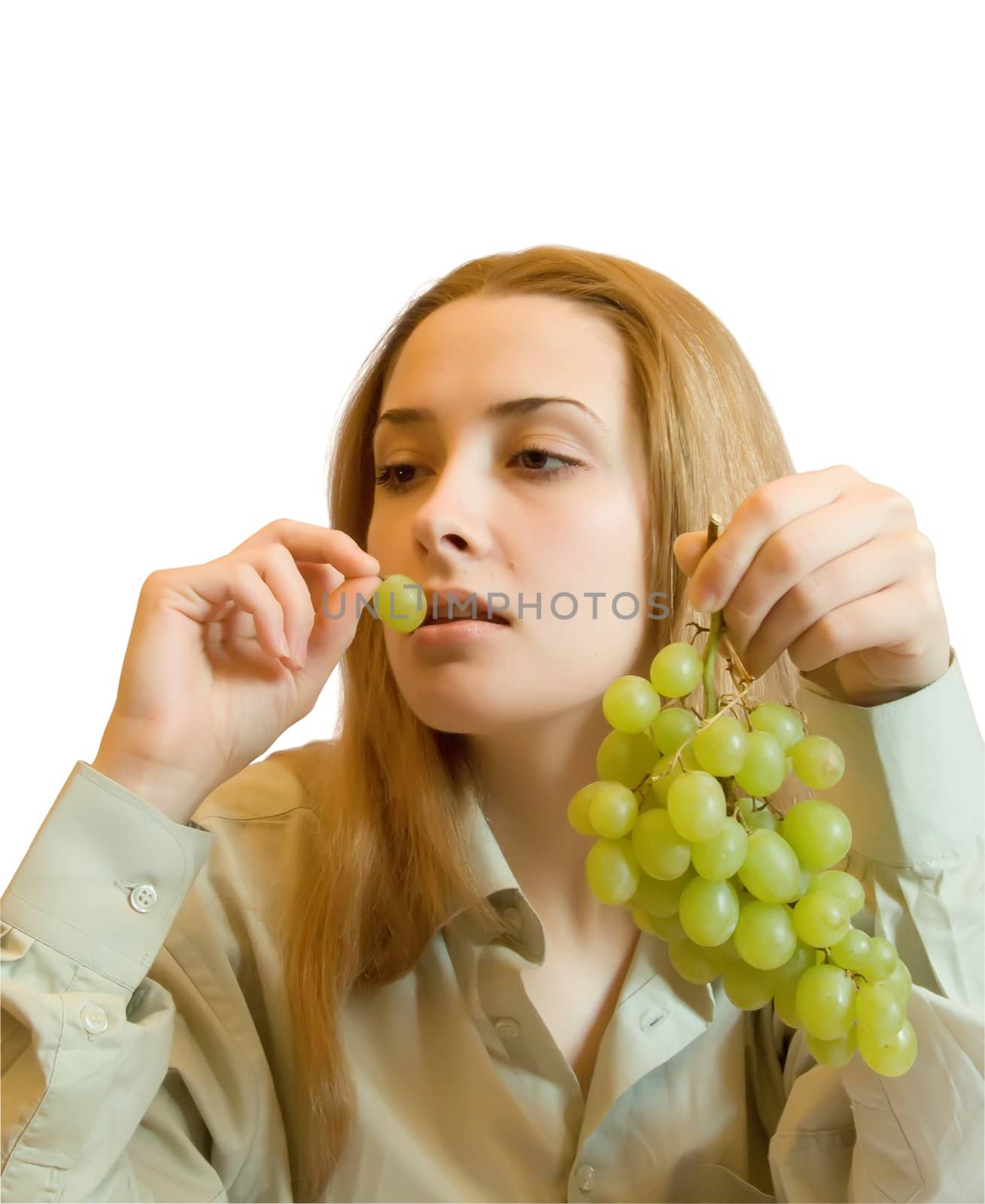 young Girl with fruits on white. Isolated