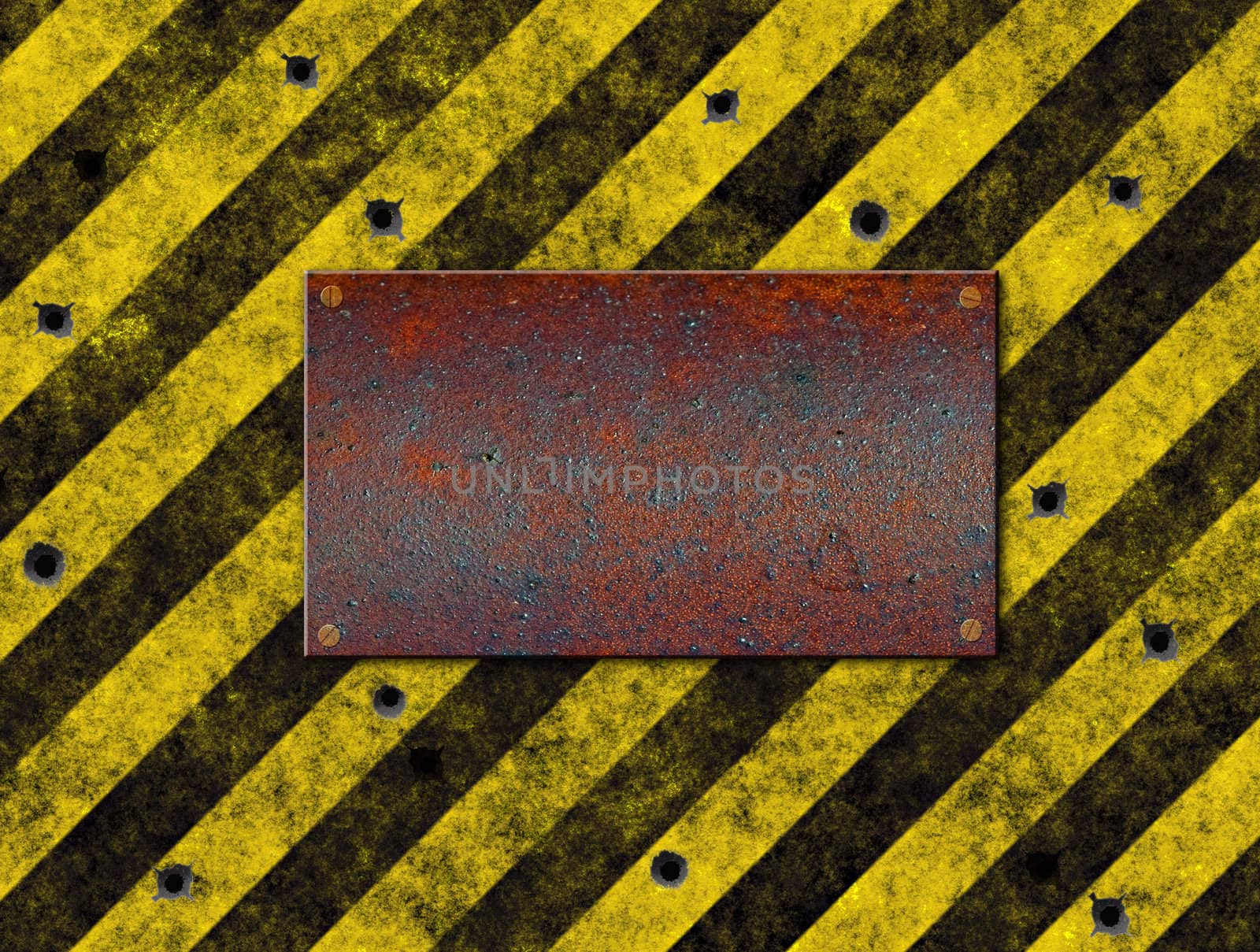 old grungy yellow hazard stripes with old plaque full of holes