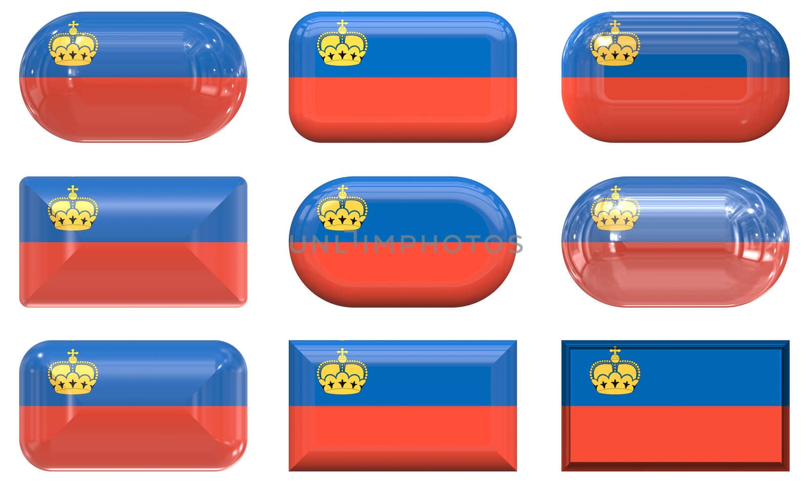 nine glass buttons of the  Flag of liechtenstein