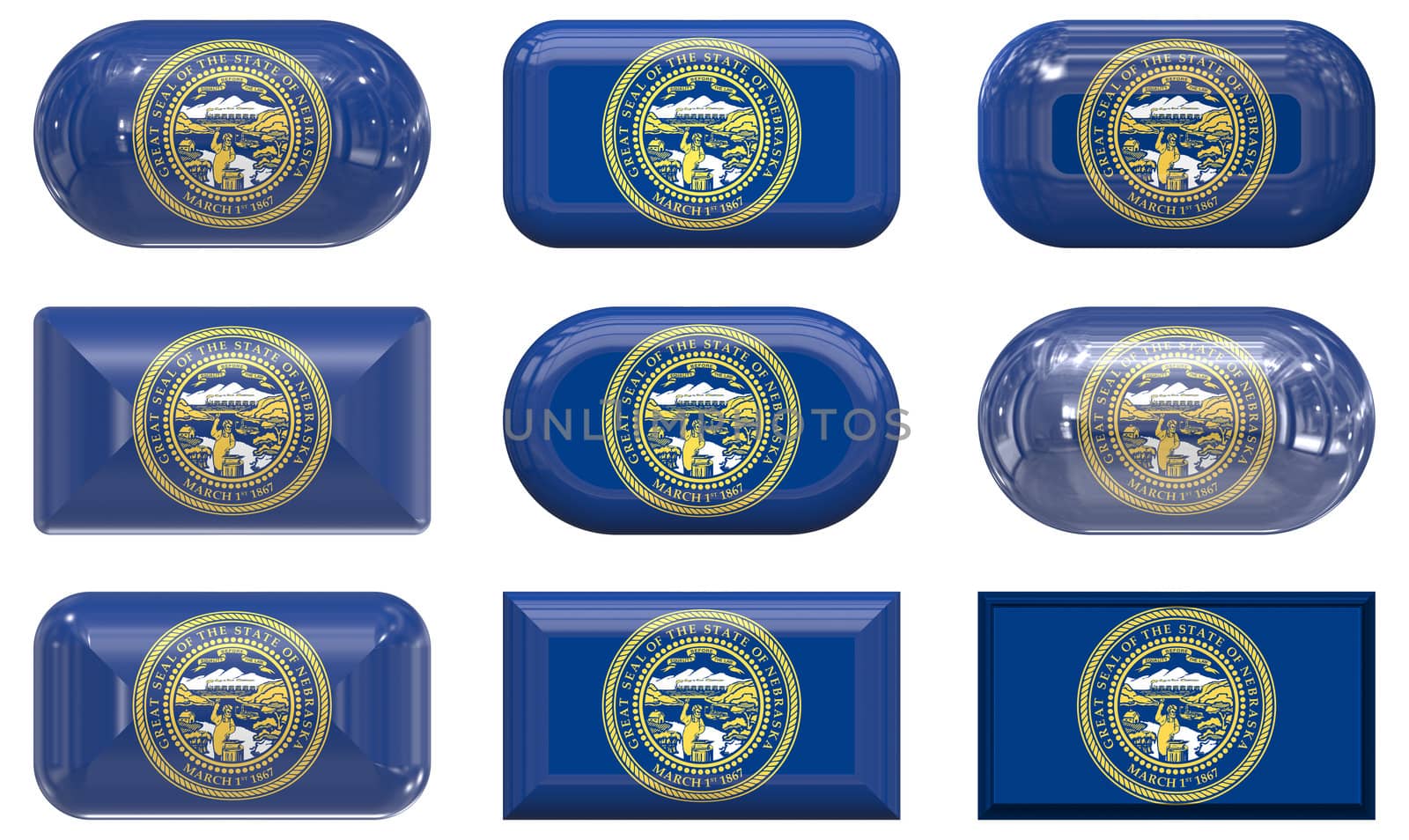 nine glass buttons of the  Flag of Nebraska