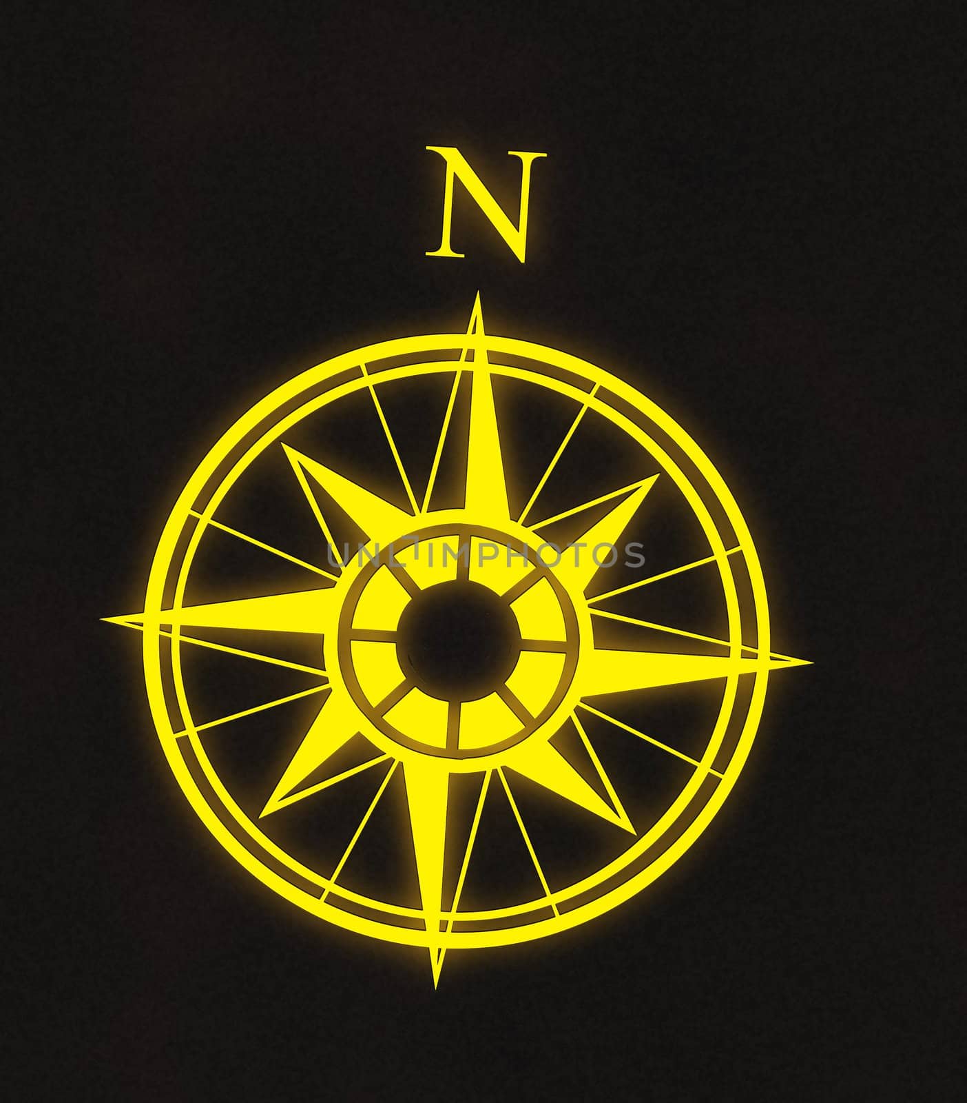 great glowing yellow north arrow and compass on mottled black background