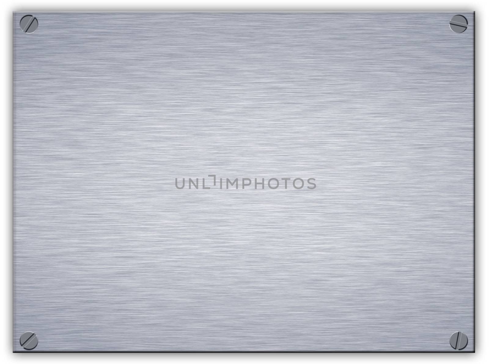 a brushed steel metal plaque with screws in the corners and beveled edge