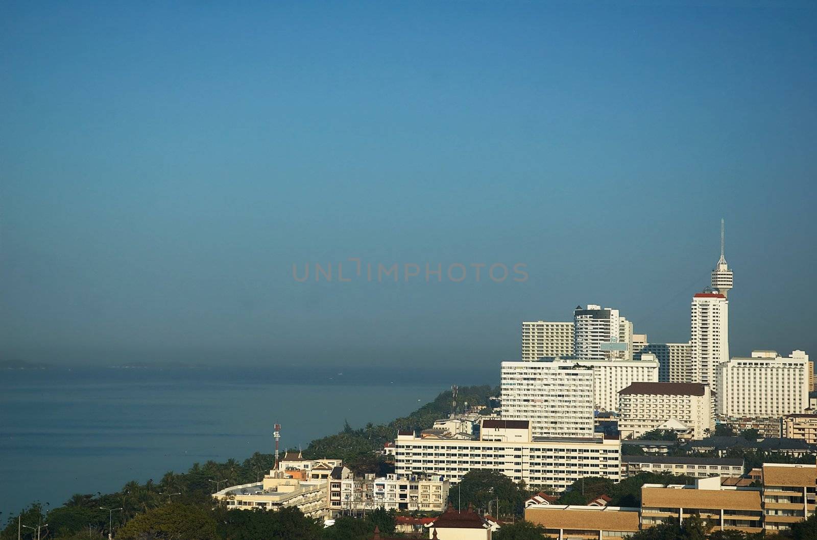 Luxuries Hotels and office buildings. Skyscrapers on the seashore.