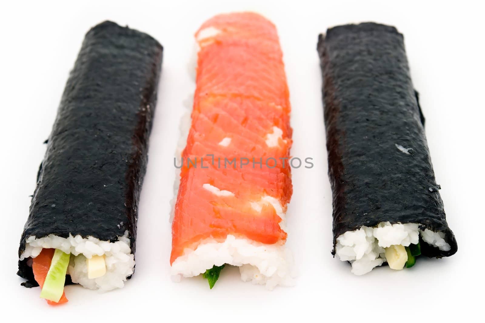 Cooking sushi. Diverse half-finished products on a white background