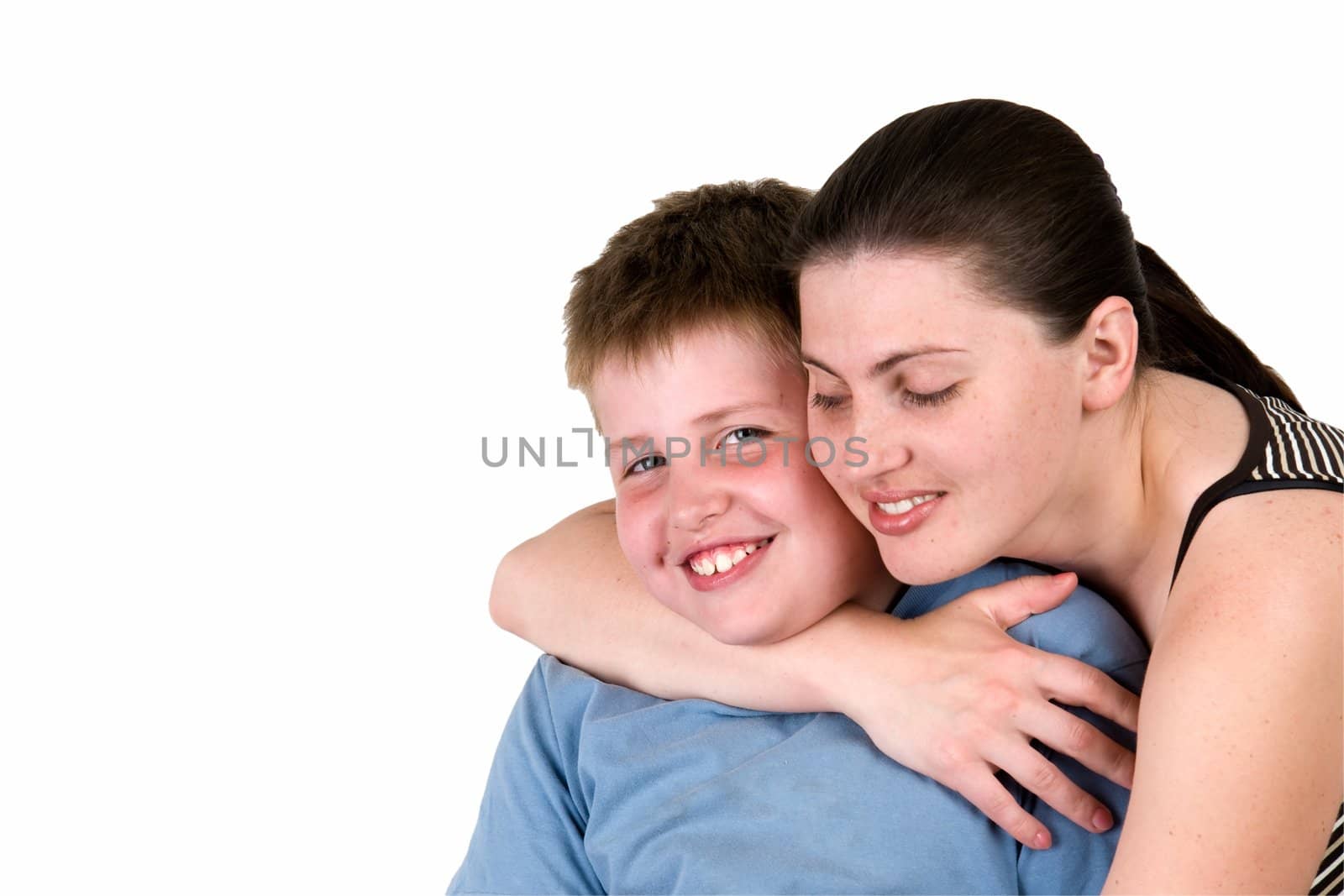 Smiling family. Mum and the son on a white background.