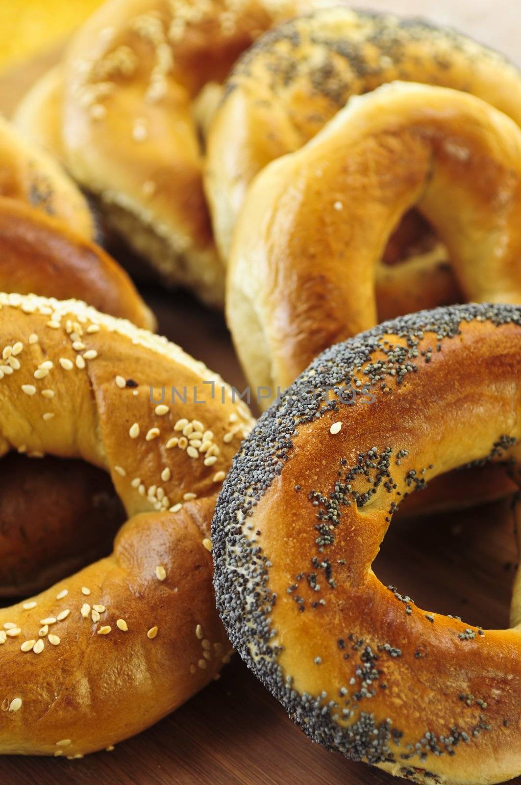 Variety of fresh Montreal style bagels close up