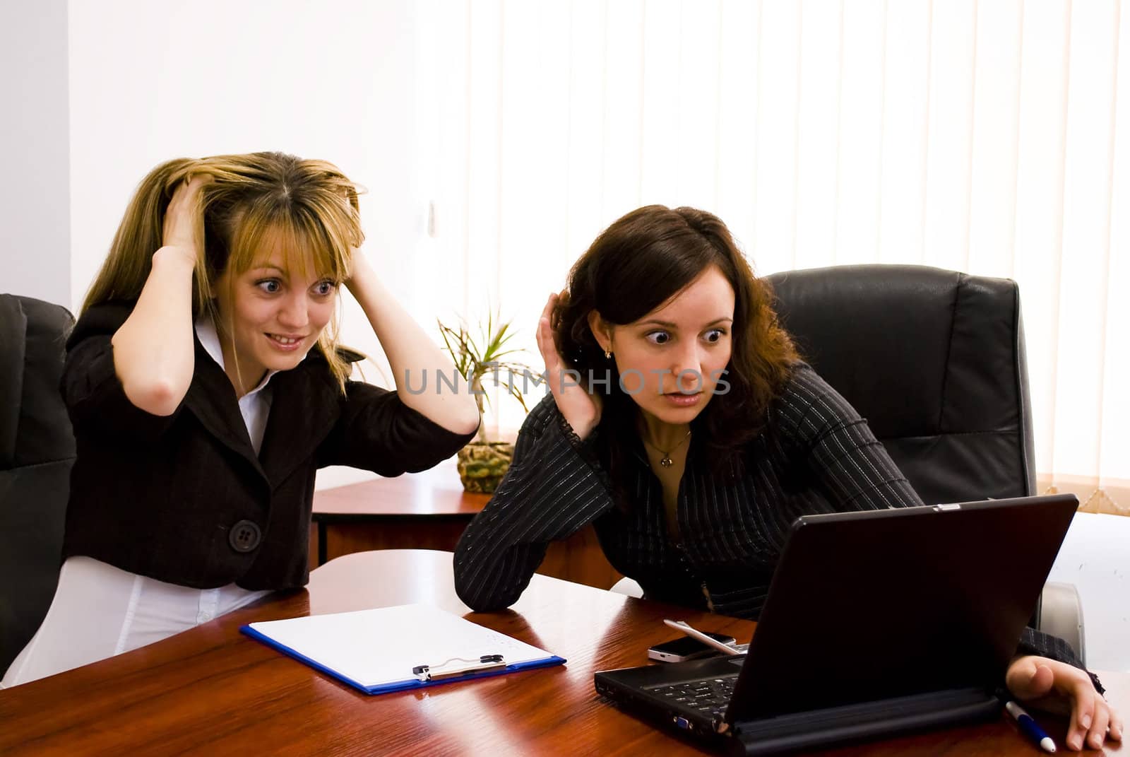 two surprised young businesswomen looking at the computer