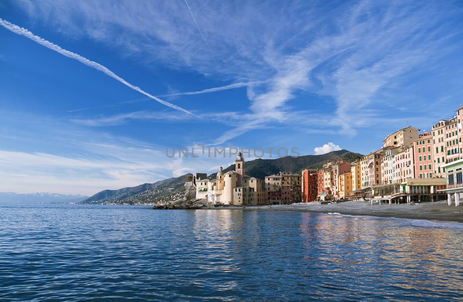 landscape of Camogli with its characteristic church and homes