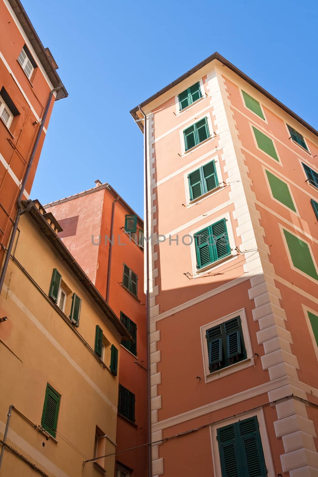 characteristic frescoed homes in Camogli, famous small town in Liguria, Italy