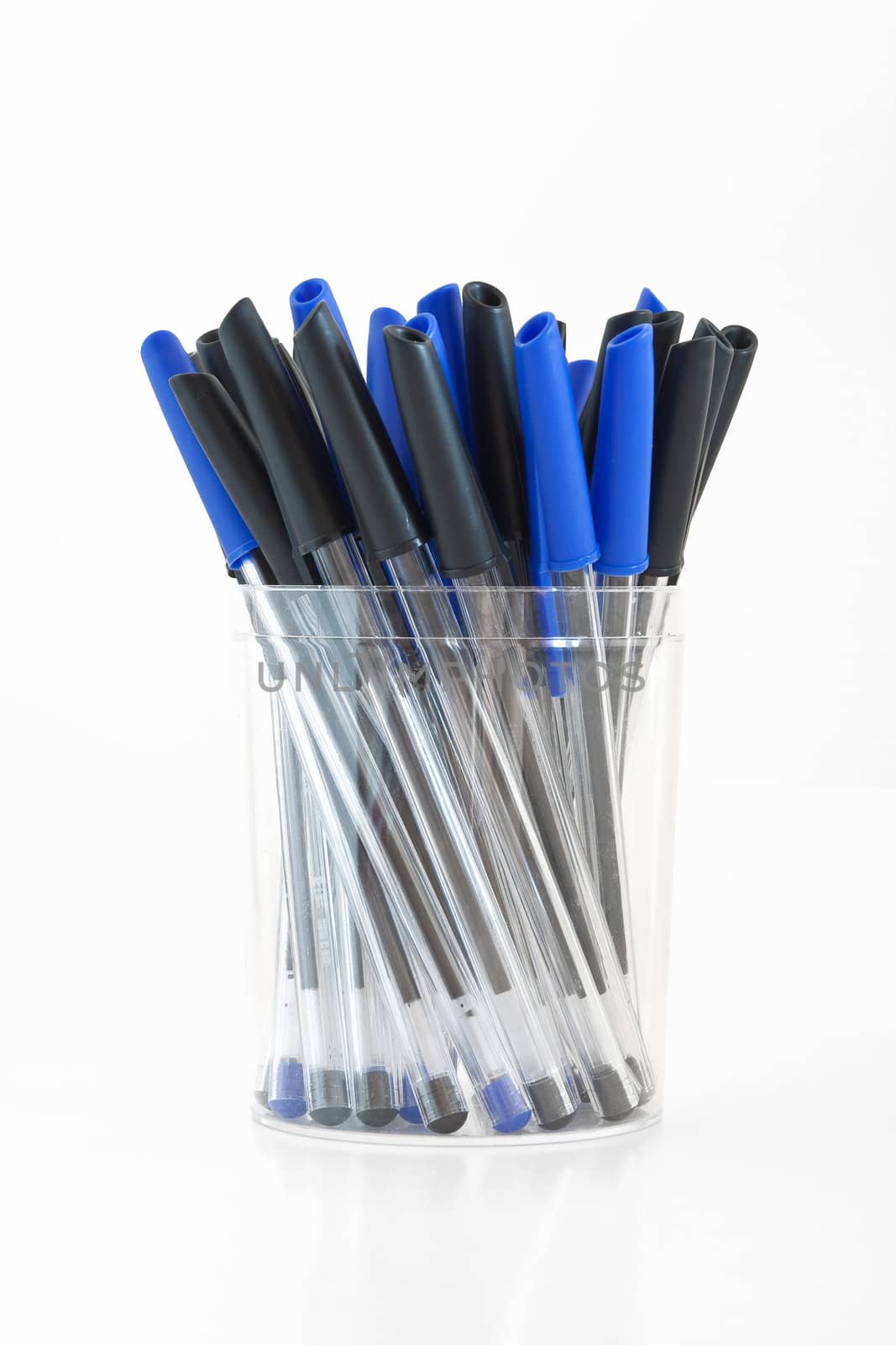group of black and blue pens isolated on white background with clipping path