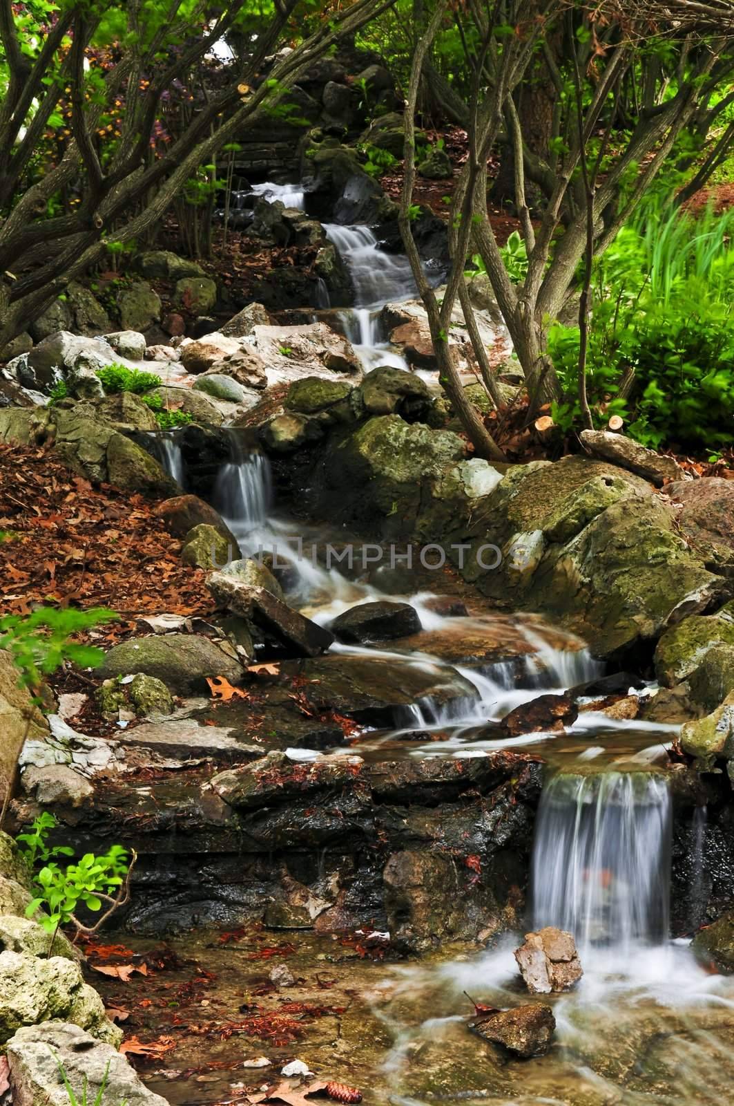 Creek with small waterfalls in japanese zen garden