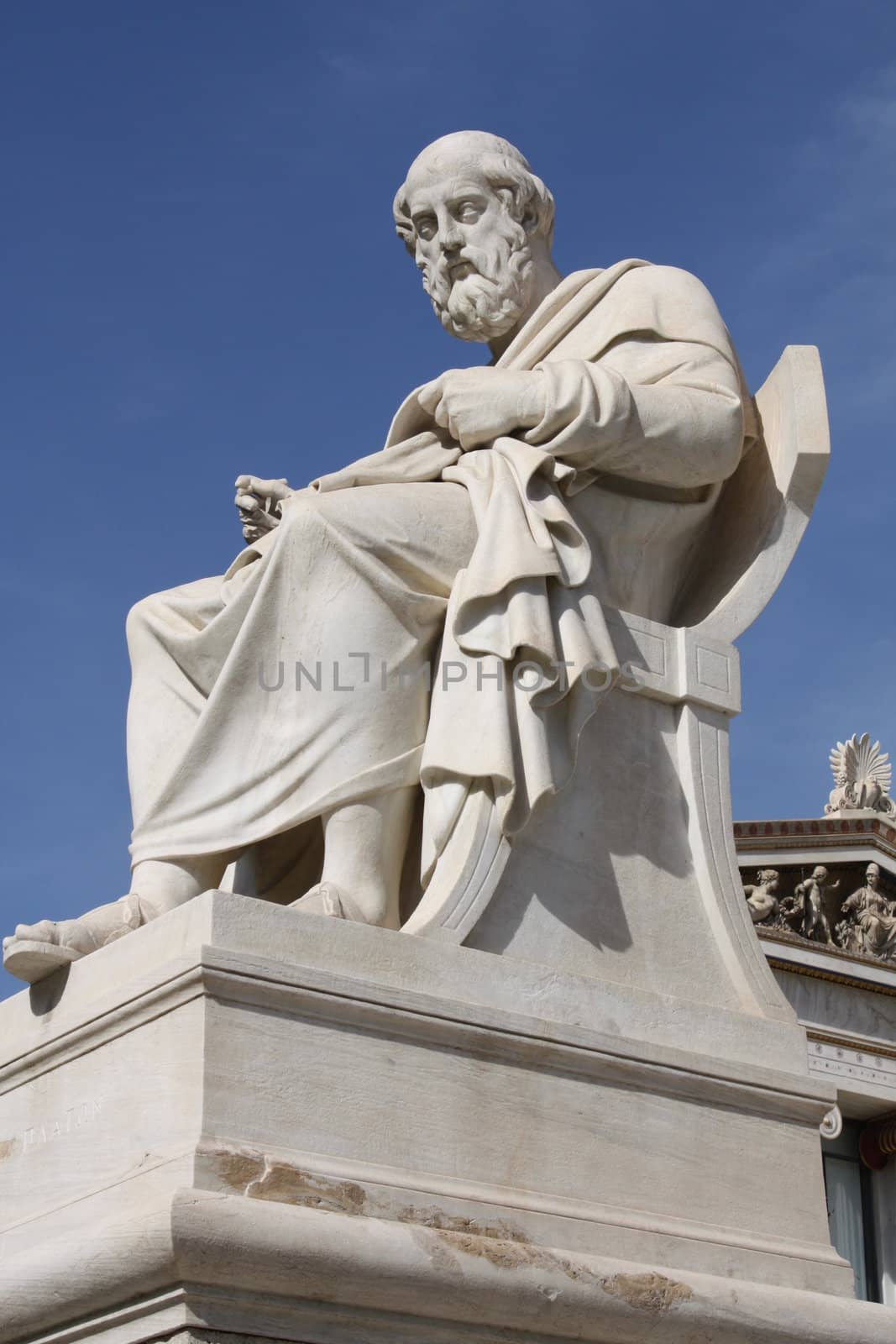 Neoclassical statue of ancient Greek philosopher Plato in front of Academy of Athens, Greece.