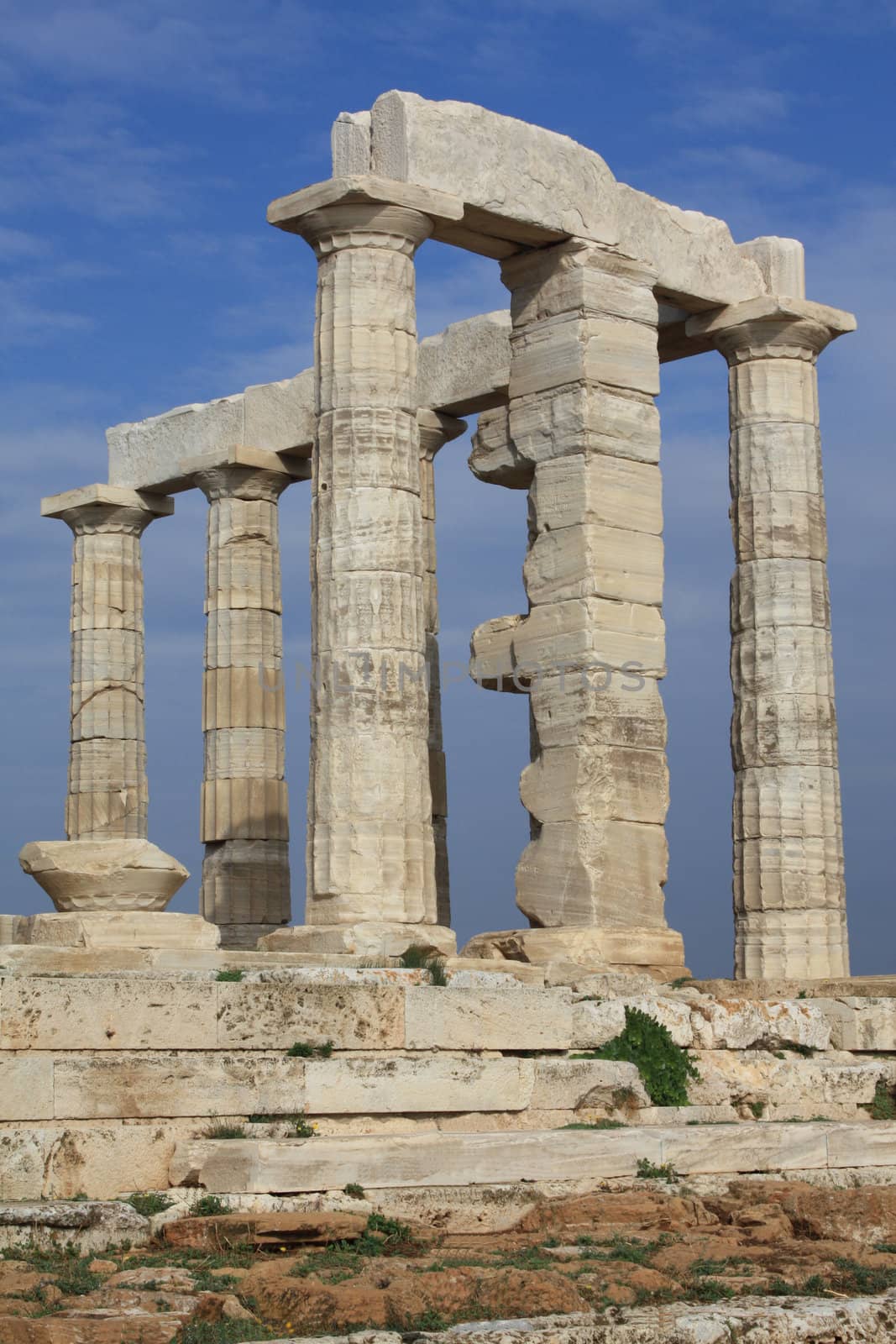 Closeup of Temple of Poseidon, god of the sea, at Cape Sounion near Athens, Greece.