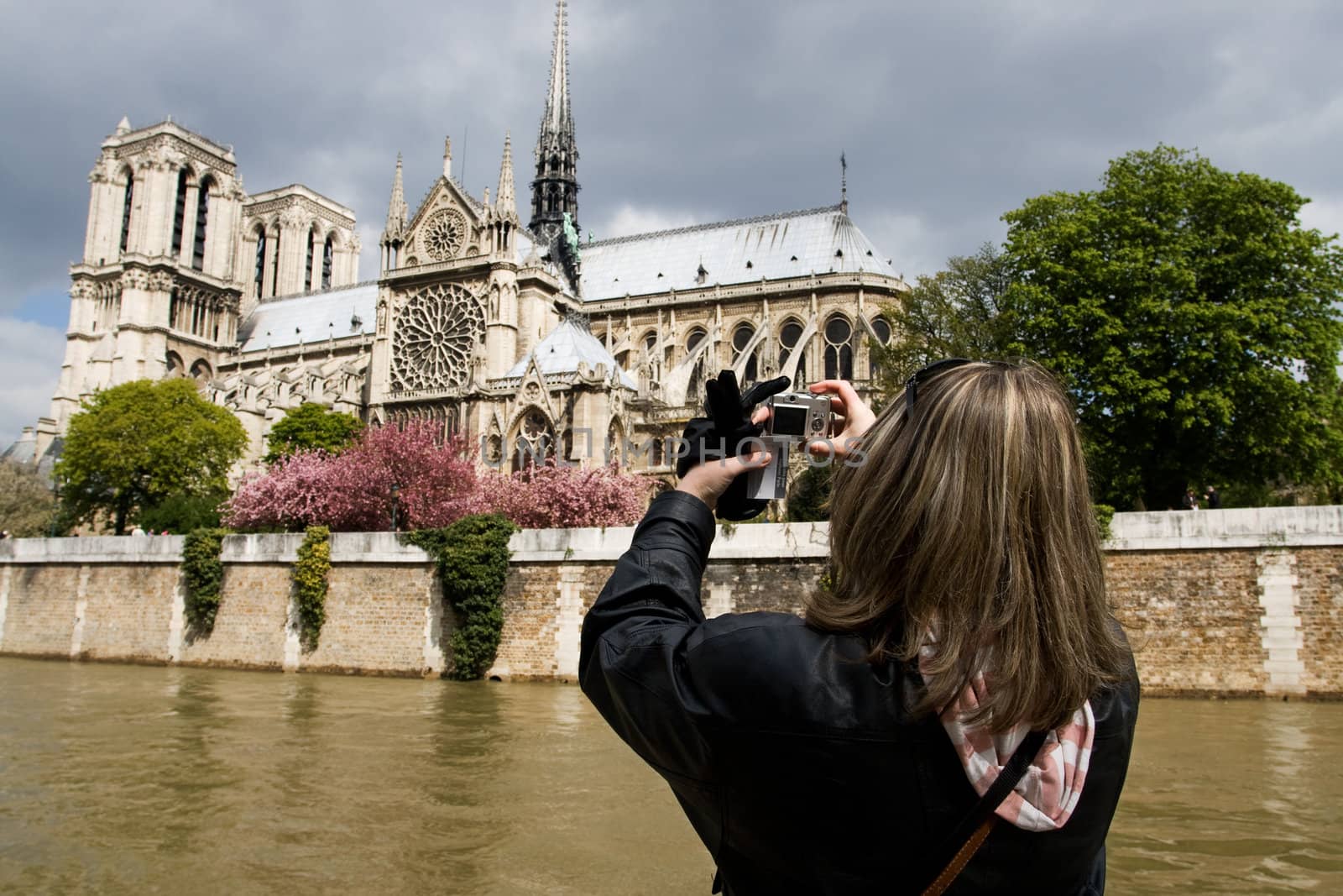 Tourist taking picture of Notre Dame de Paris in spring time. View across the Seine River, France