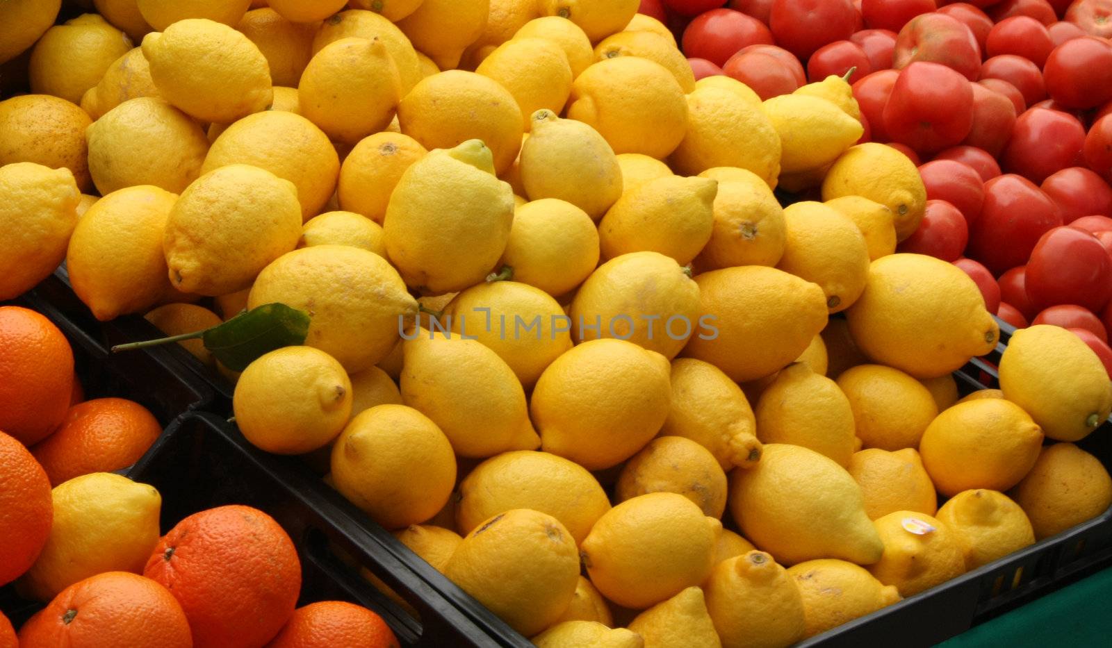 Lemons, tomatoes and oranges on a market stand in Spain.