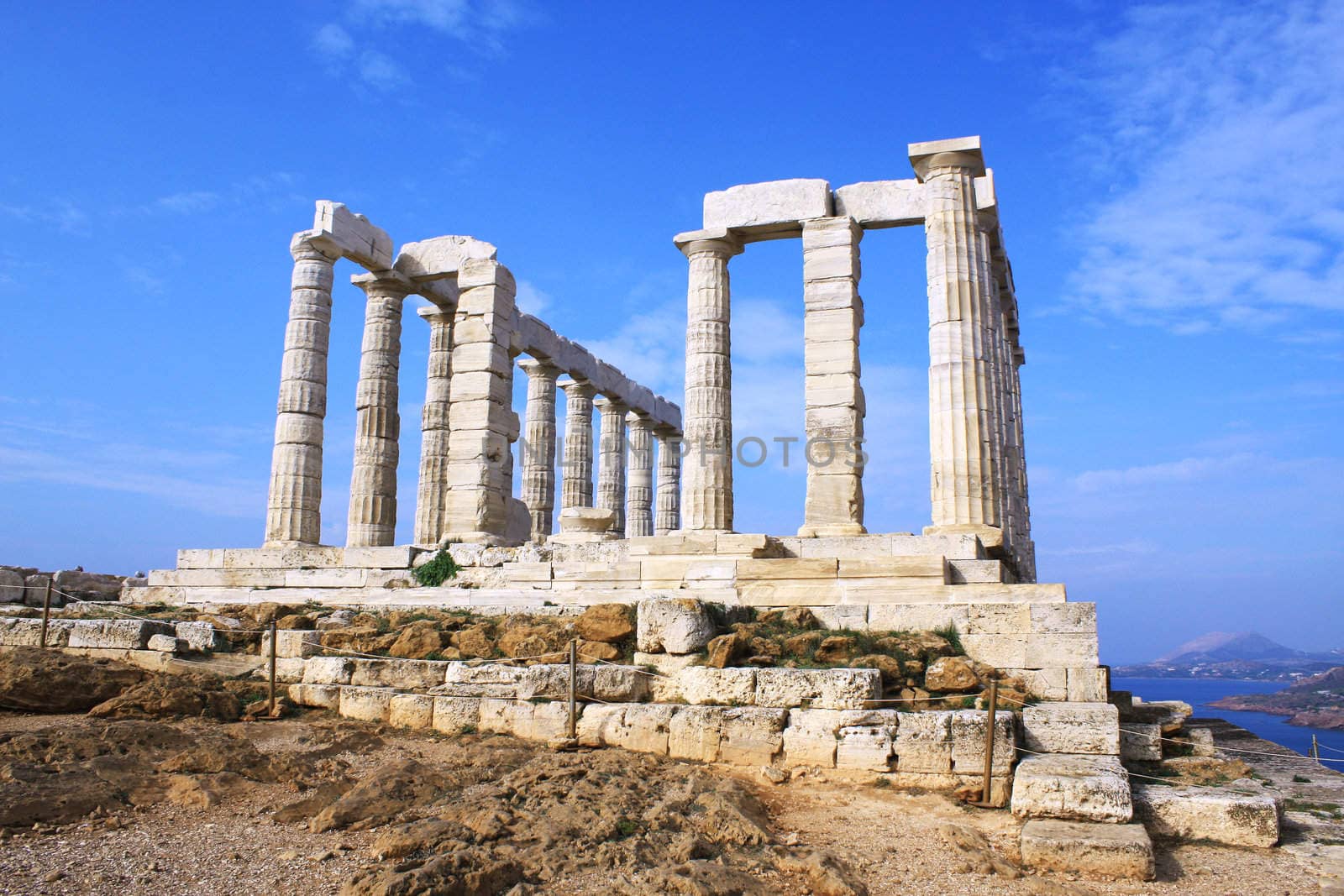 Remains of Temple of Poseidon, god of the sea in ancient Greek mythology, at Cape Sounion, near Athens (Greece).