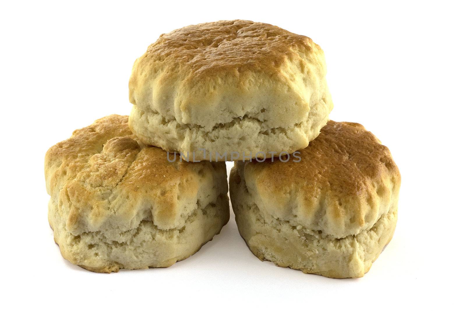 Three plain scones isolated on white