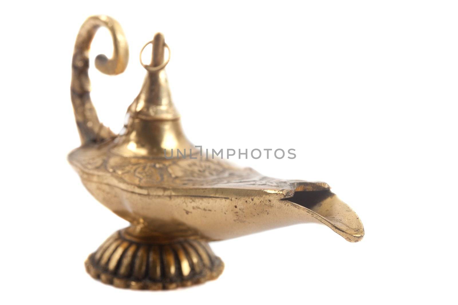 A golden magic lamp isolated on a white background. Image is at 21 megapixels.