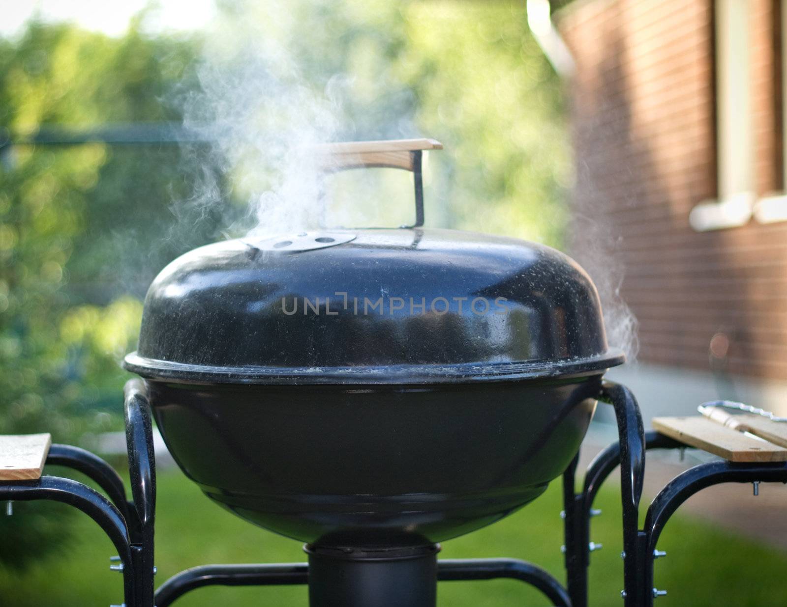 preparing food in a barbecue, outdoors, shallow DOF