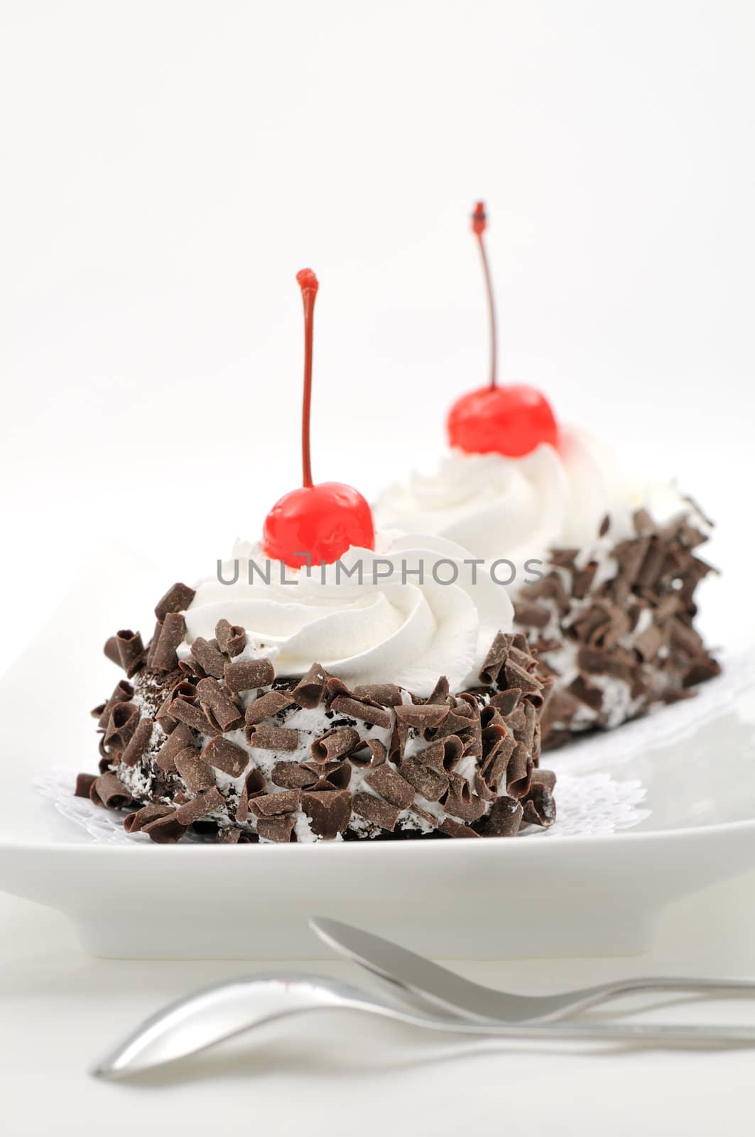 Two cream and chocolate cakes decorated with a cherry