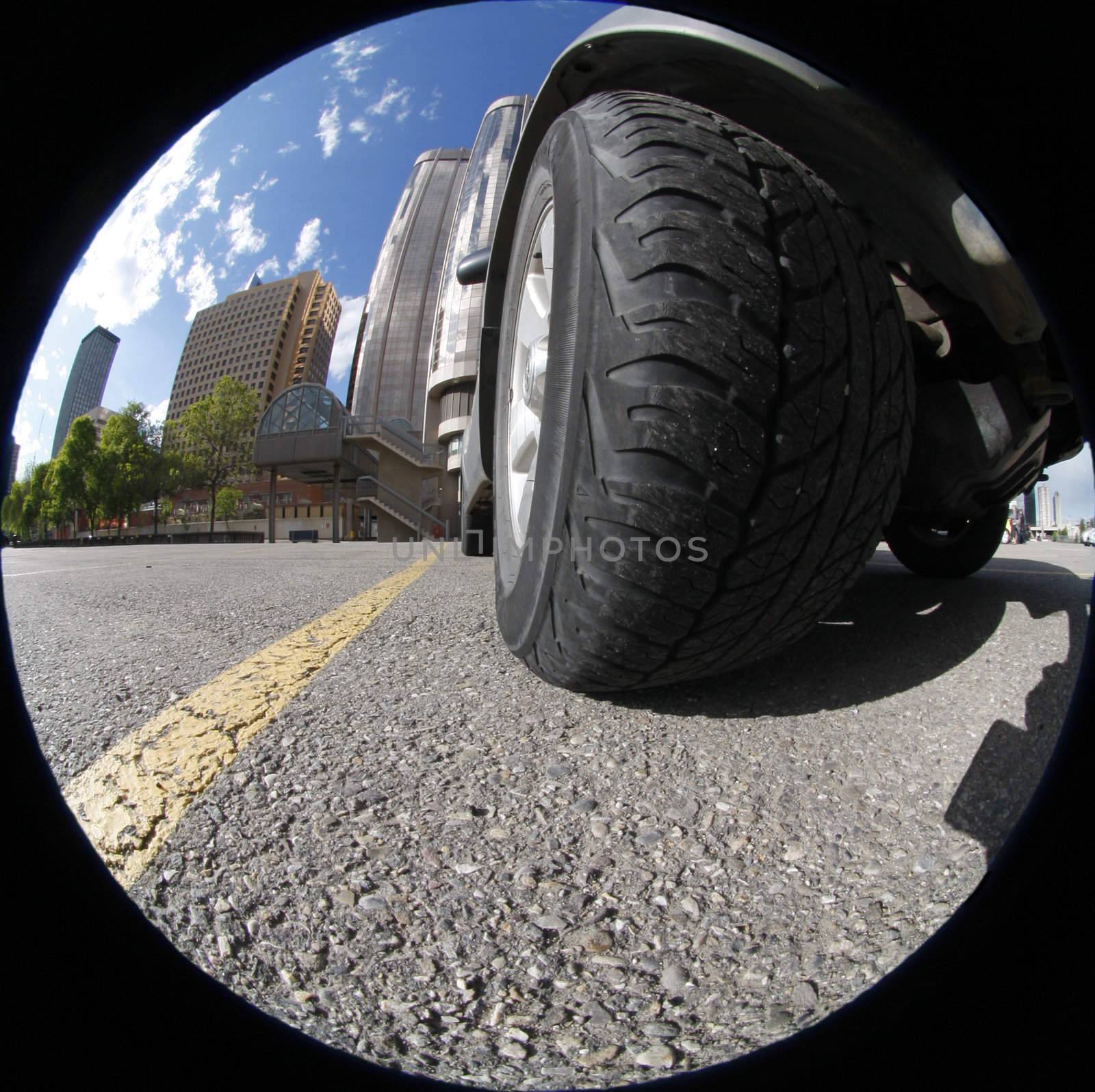 Front wheel  close up with fish eye