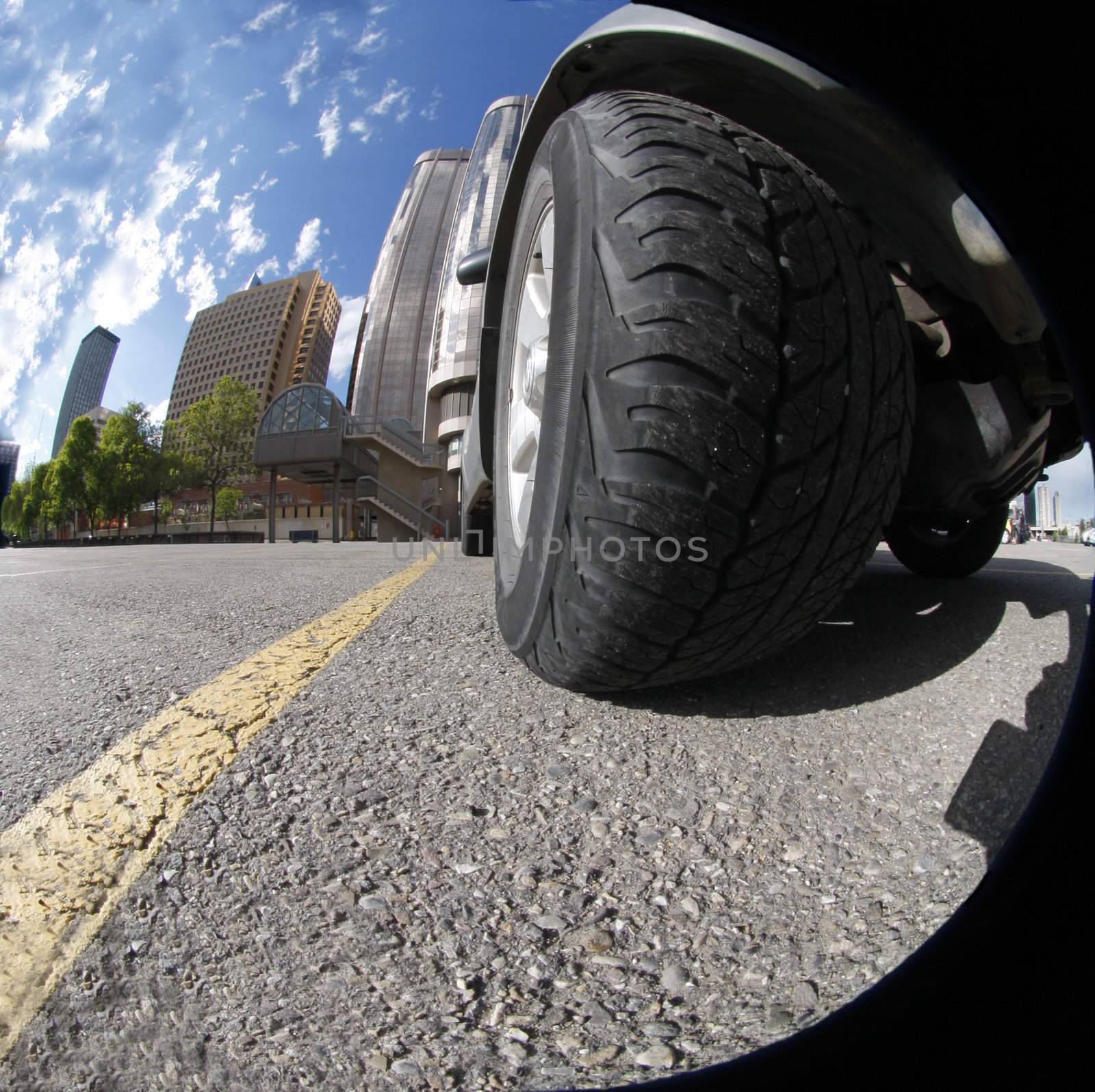 Front wheel  close up with fish eye