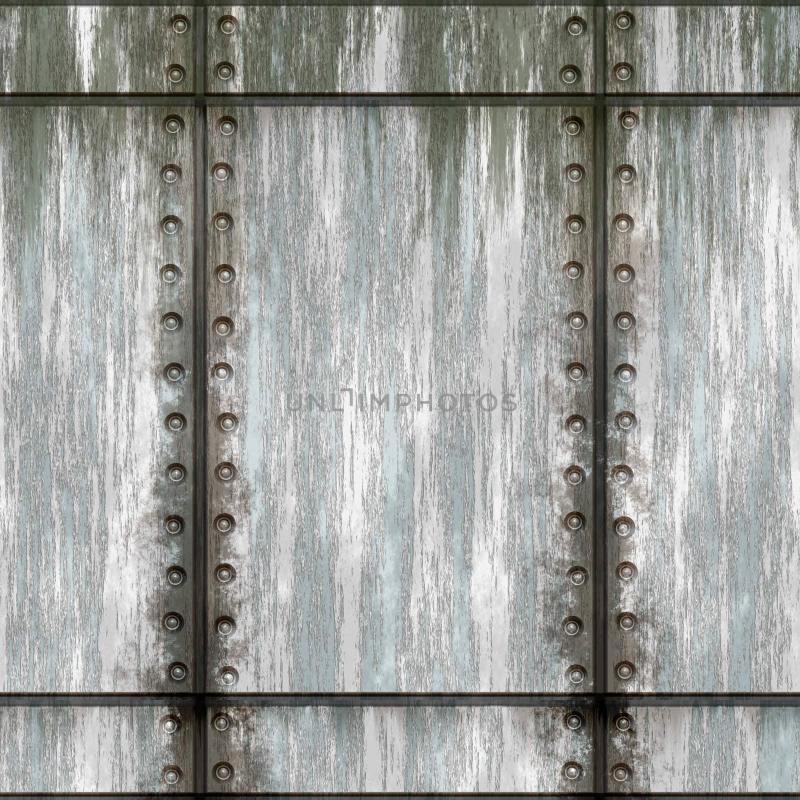 Seamless worn green metal texture with rivets that tiles as a pattern in any direction.