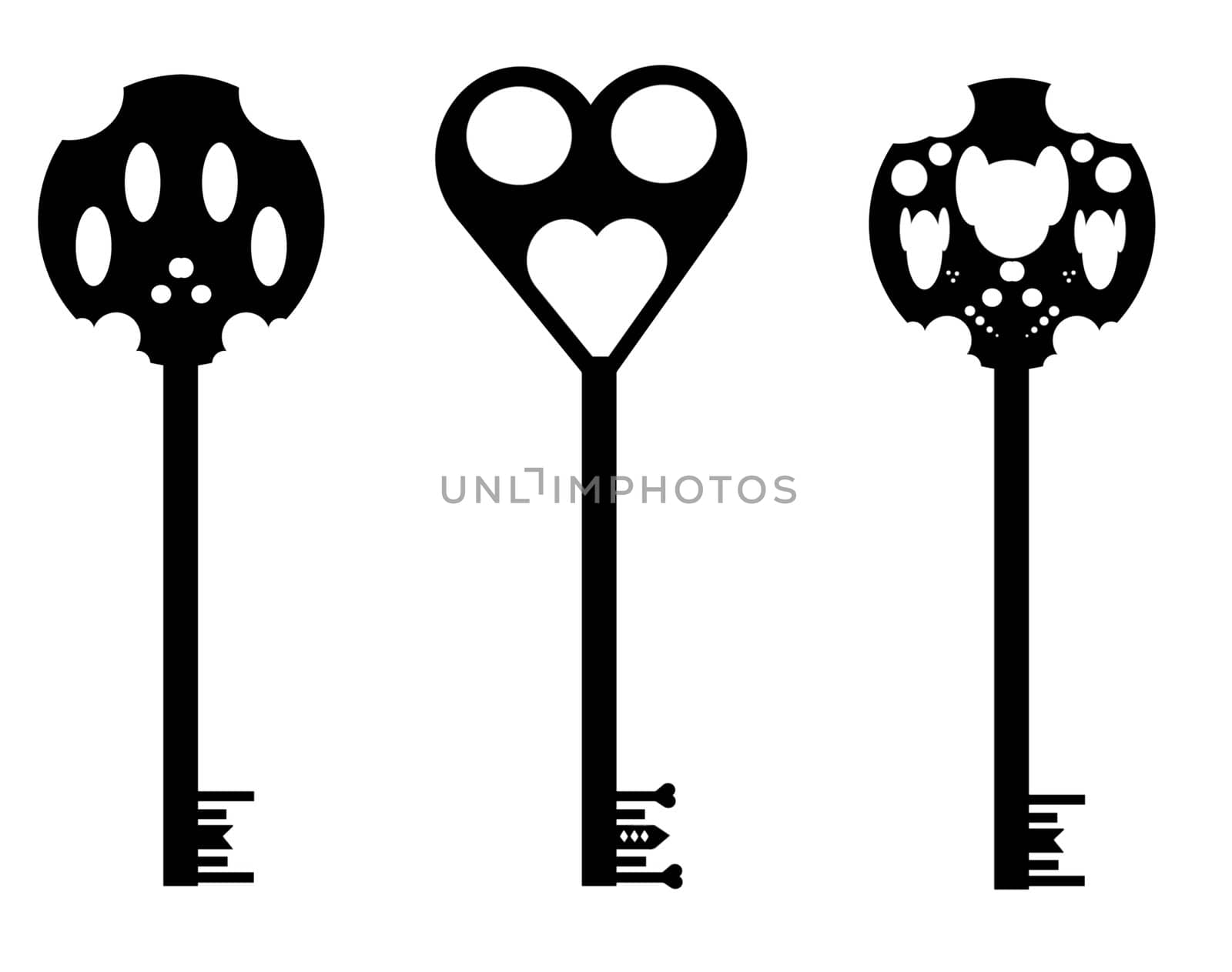 Illustration of three different silhouettes of keys, isolated against a white background.