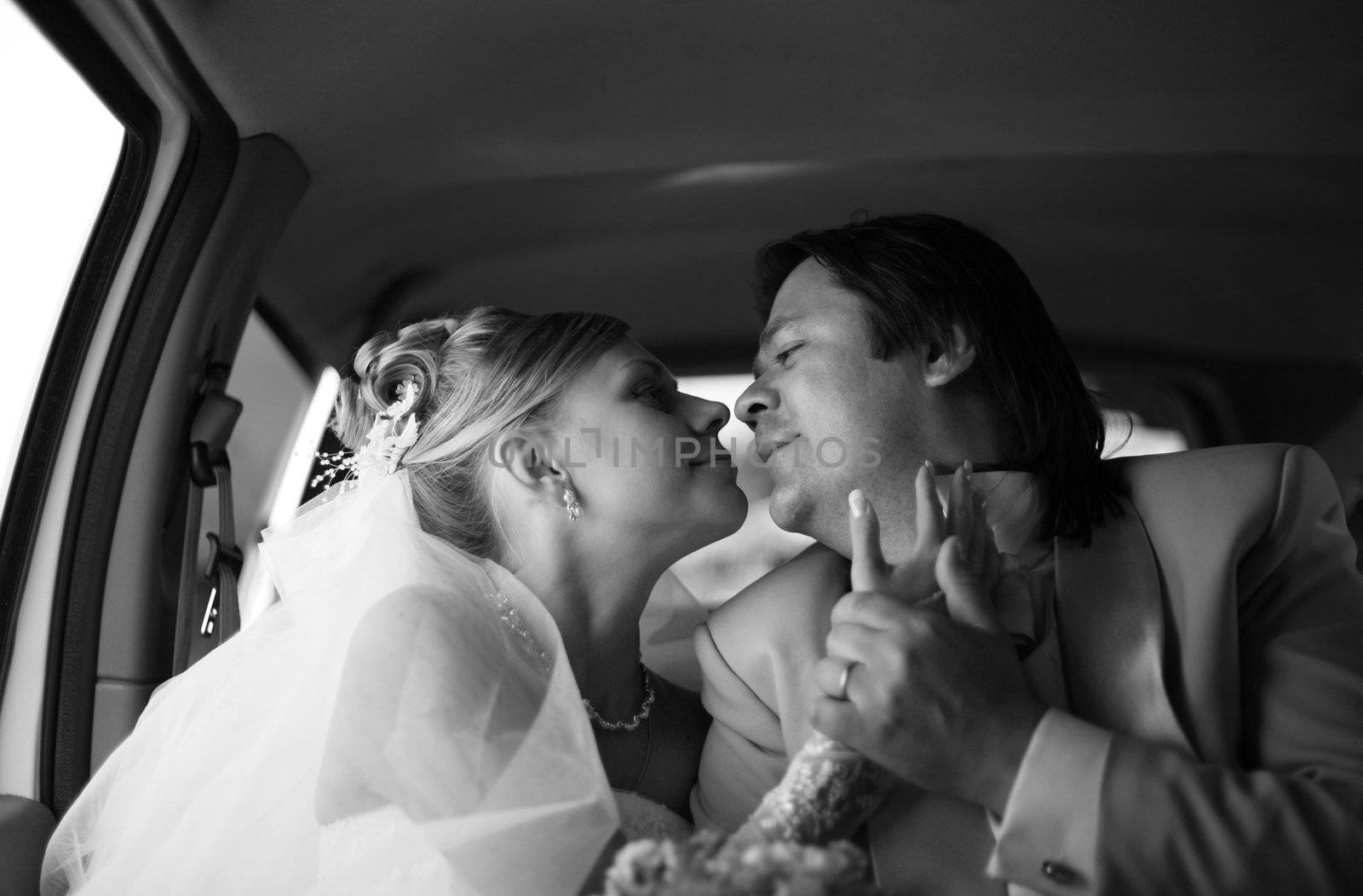 The bride with the groom in the automobile