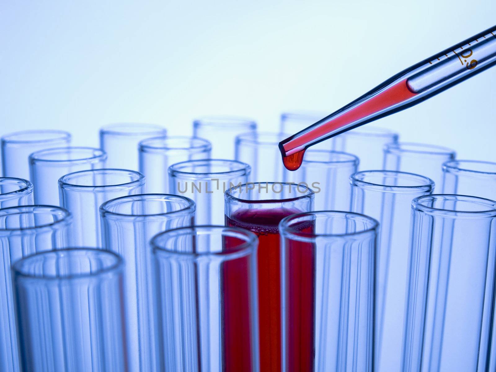 Close up of test tubes and pipette with a red liquid.