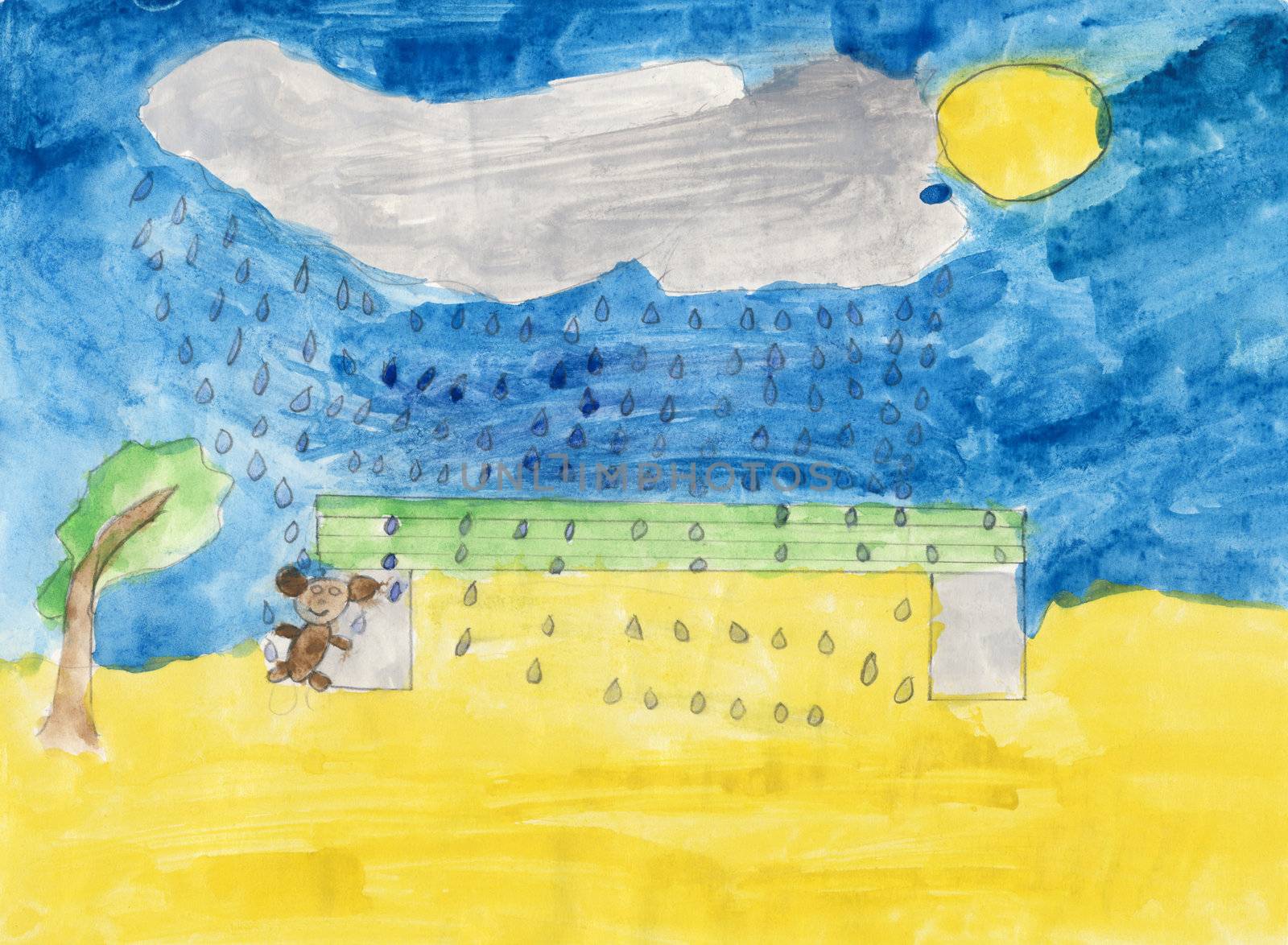 Children's colored drawing on paper - toy, bench and rain