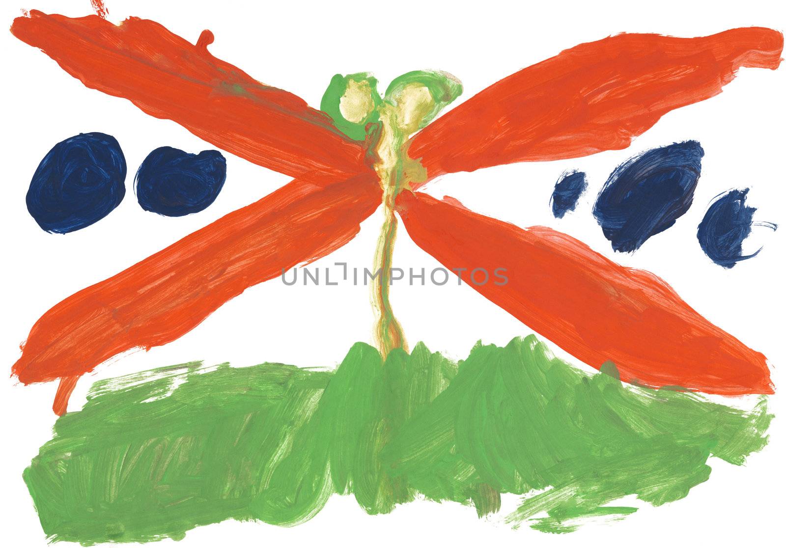 Children's colored drawing on white paper - dragonfly